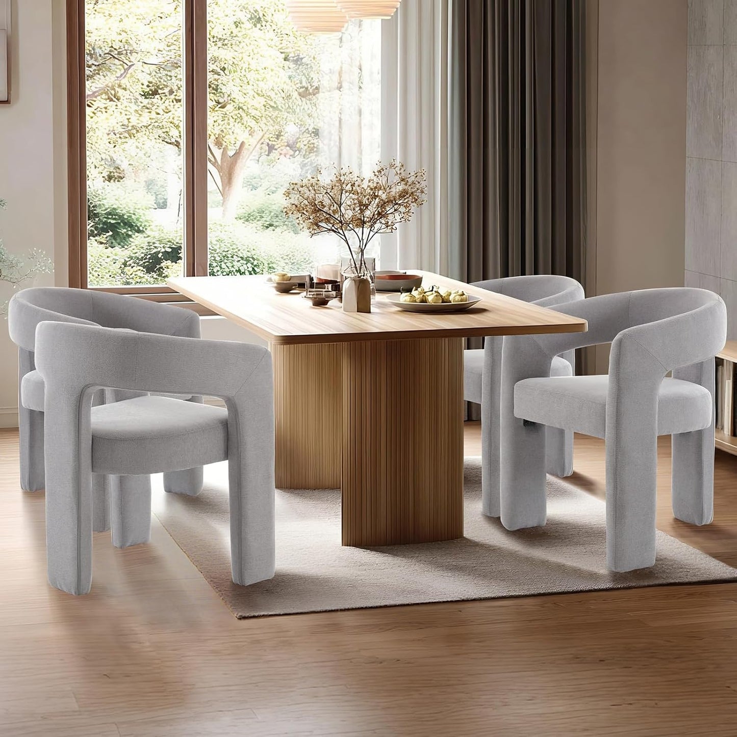 Grey Chenille Dining Chairs Set of 4, Modern Barrel Dining Room Chairs Upholstered Faux Fur Accent Chair with Arms and Round Back for Living Room Kitchen Armchair No Assembly Needed