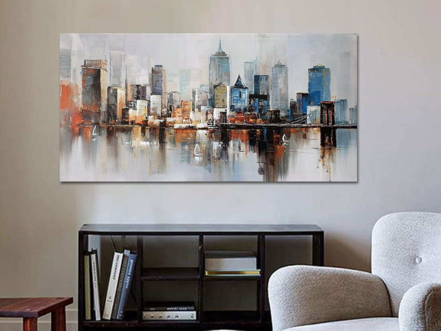 Arjun Brooklyn Bridge Wall Art Modern New York City Abstract Canvas Cityscape Painting Large Size Framed, Colorful NYC Skyline Textured Picture for Living Room Bedroom Home Office Wall Decor, 40"x20"