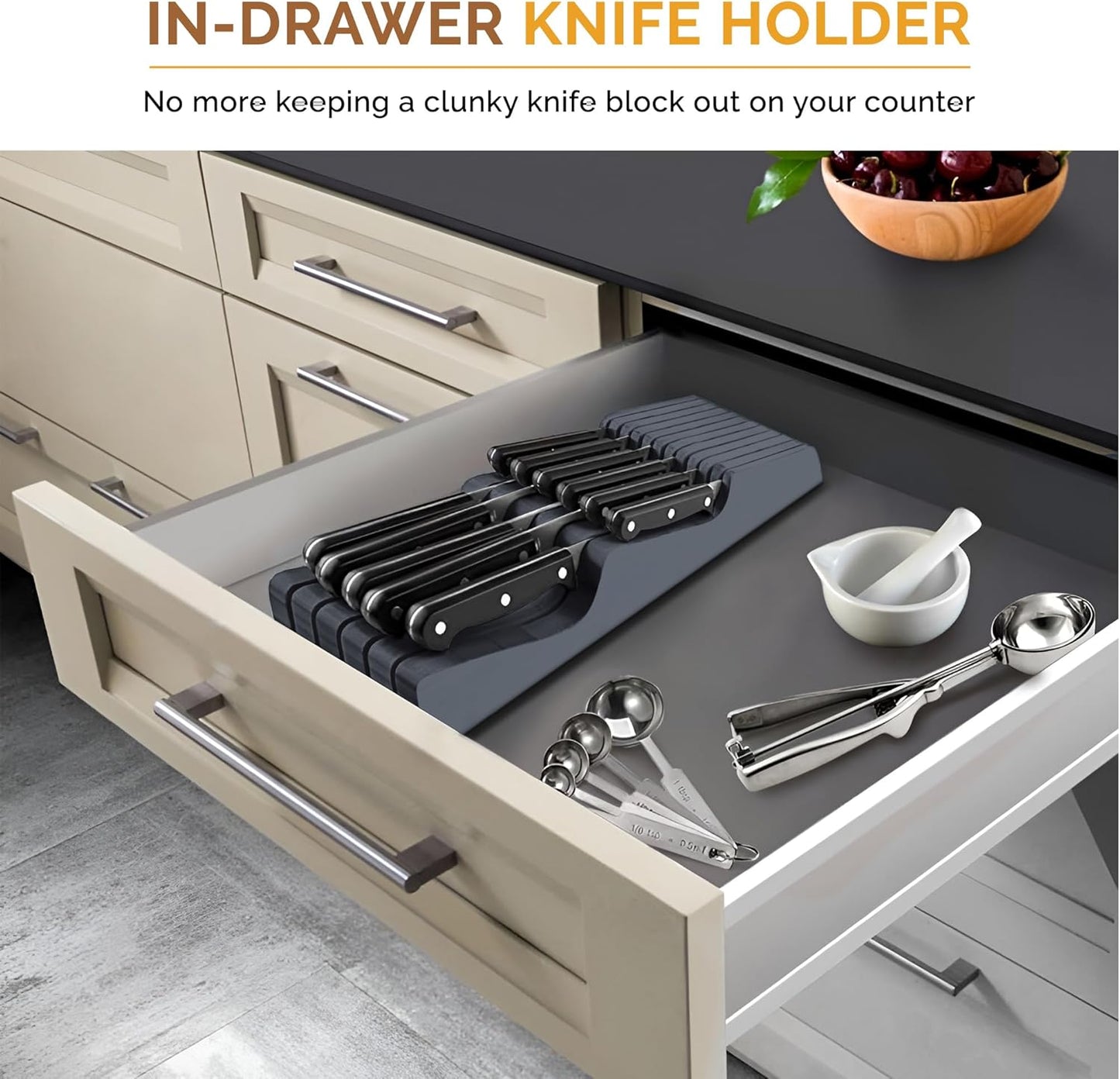 In-Drawer Knife Block - Bamboo Knife Drawer Organizer for Kitchen - Fits 5 Long + 6 Short Knives, Store Knives with Blades Pointing Down - Wooden Steak knife Holder without Knives (Grey)