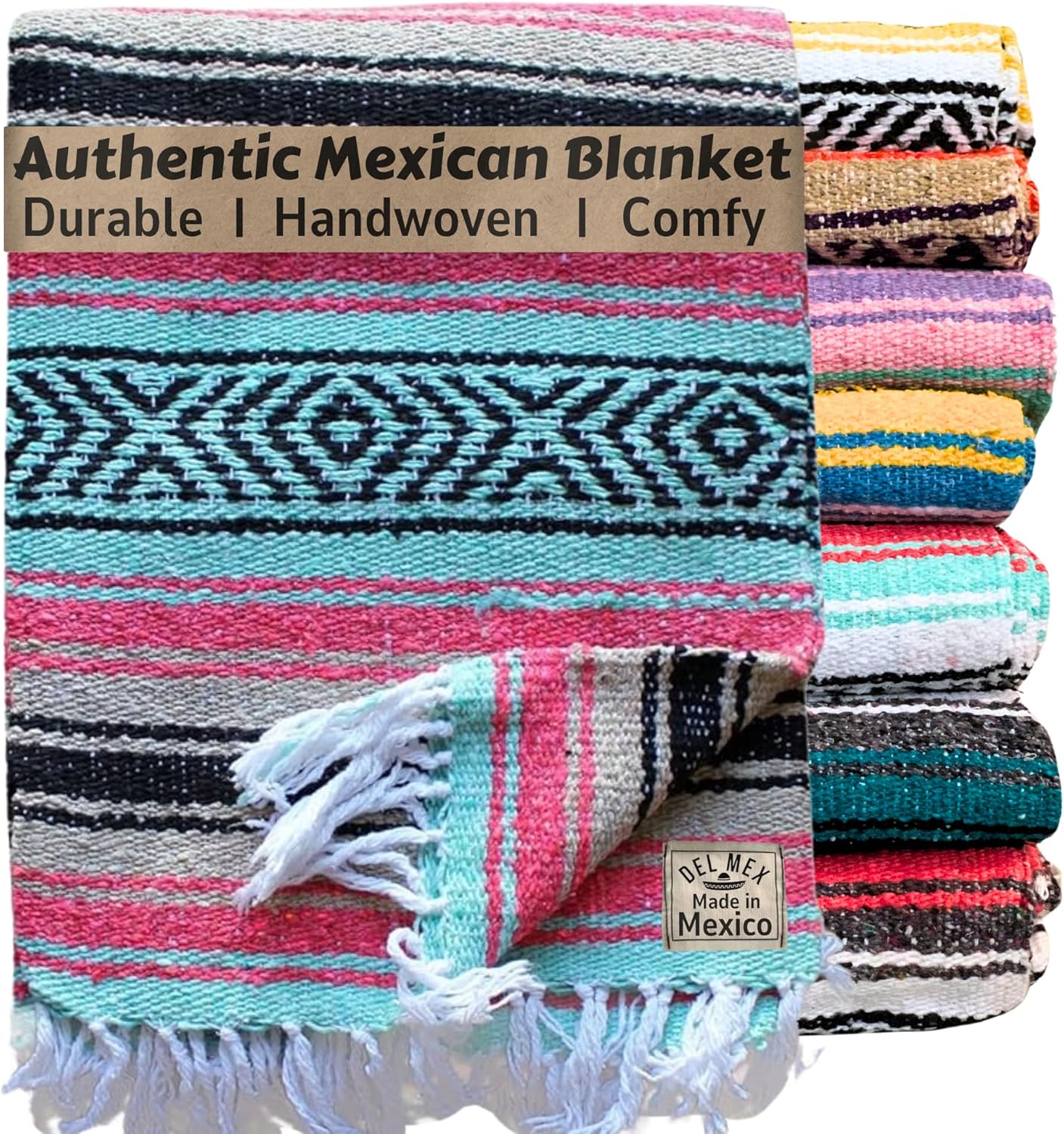 Del Mex Classic Mexican Blanket, Large Authentic Woven Falsa Throw (70"x50"), Artisan Southwest Décor for Beach, Yoga, Outdoors (Mint/Tan/Pink)