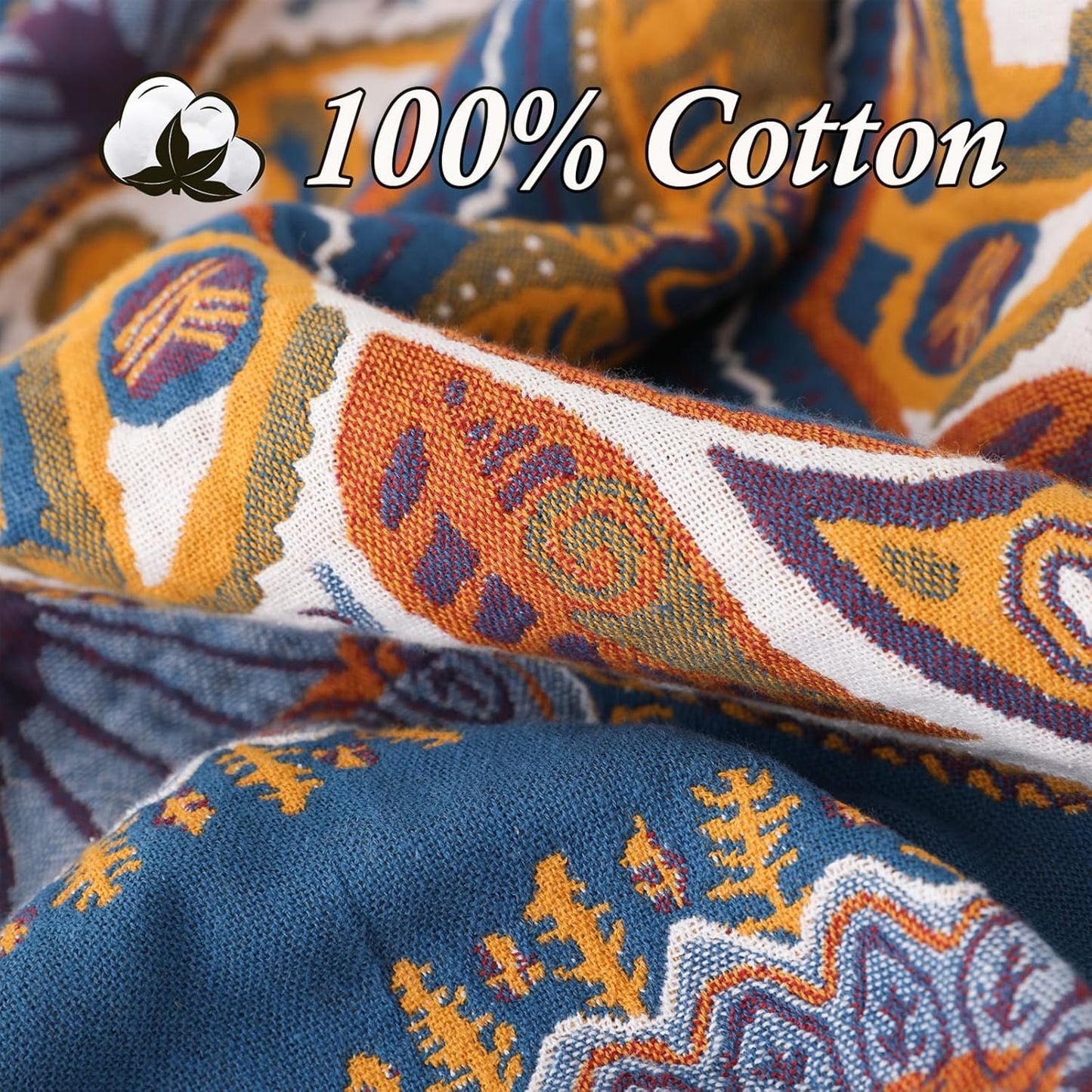 Snycler Boho Throw Blanket for Bed - 100% Cotton Ultra Soft Rustic Quilt Blanket Orange Green Printed Farmhouse Decor Bed Blankets, 80"×90" All Season Rustic Throw for Sofa Couch Chair