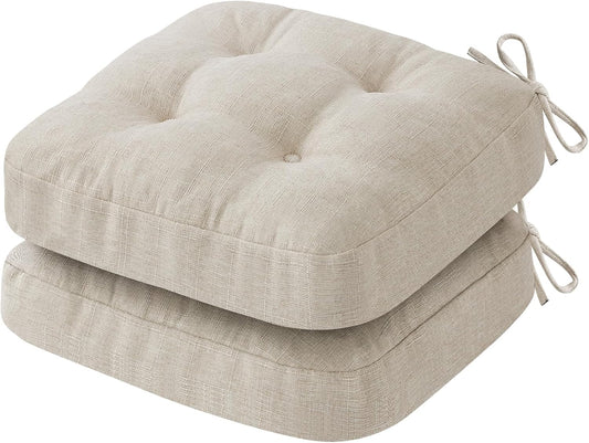 Chair Cushions for Dining Chairs, Dining Chair Cushions, Tufted Indoor Chair Pads with Ties & Non Slip Backing, Seat Cushions for Kitchen Chairs 16.5” x 16.5” x 3.5”, Set of 2, Beige