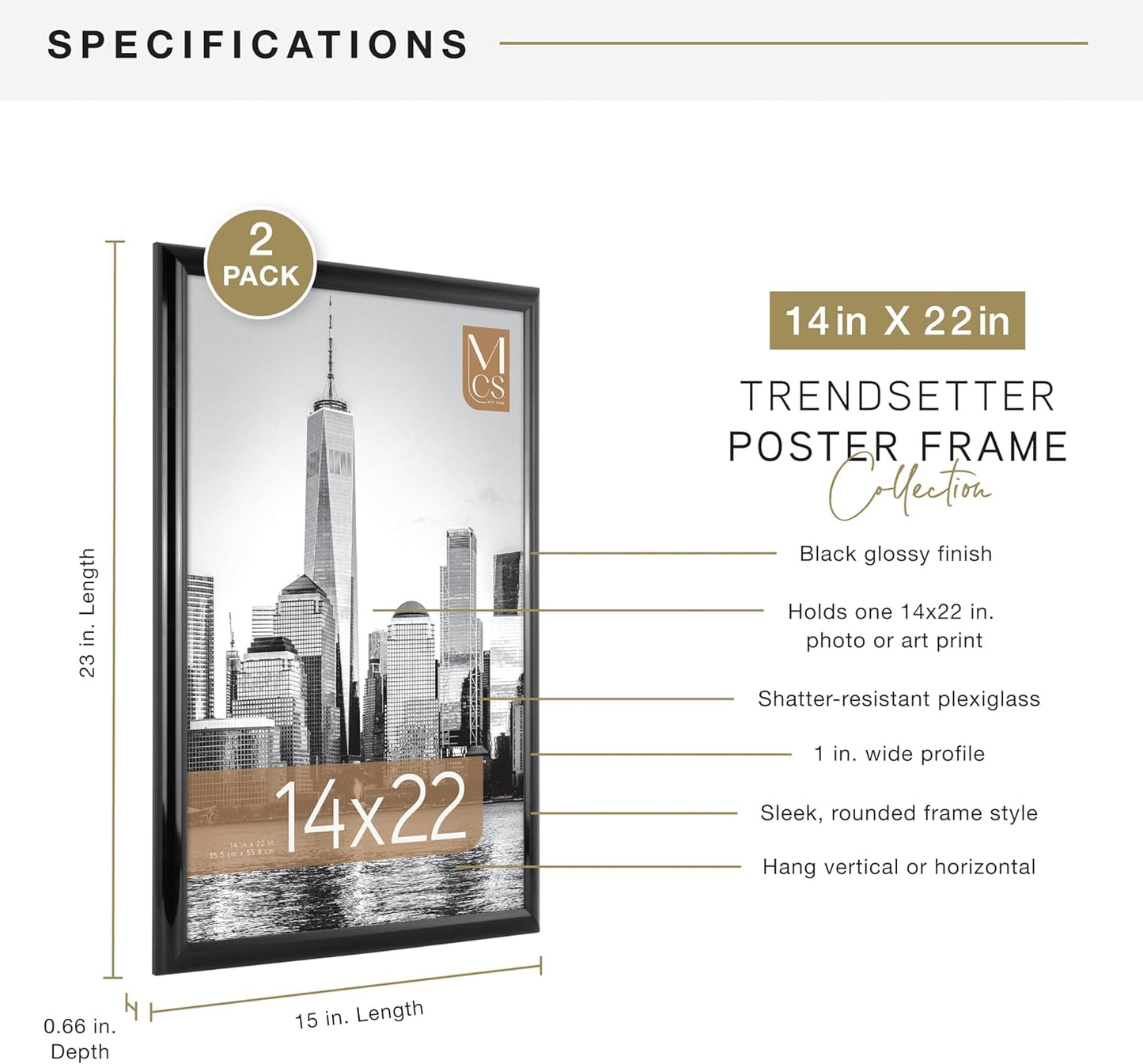 MCS Trendsetter 14x22 Poster Frame Black High-Gloss, Vertical & Horizontal Wall Hanging Large Picture Frame for Photos, Posters & Art Prints (2-Pack)