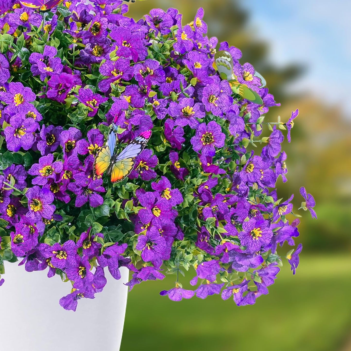 ‌20 Bundles Artificial Flowers for Outdoors‌ with 6 Faux Butterflies, UV Resistant ‌Fake Flowers‌ with Eucalyptus Leaves, ‌Artificial Plants Outdoor‌ for Patio Garden Porch Home Decor (Purple)