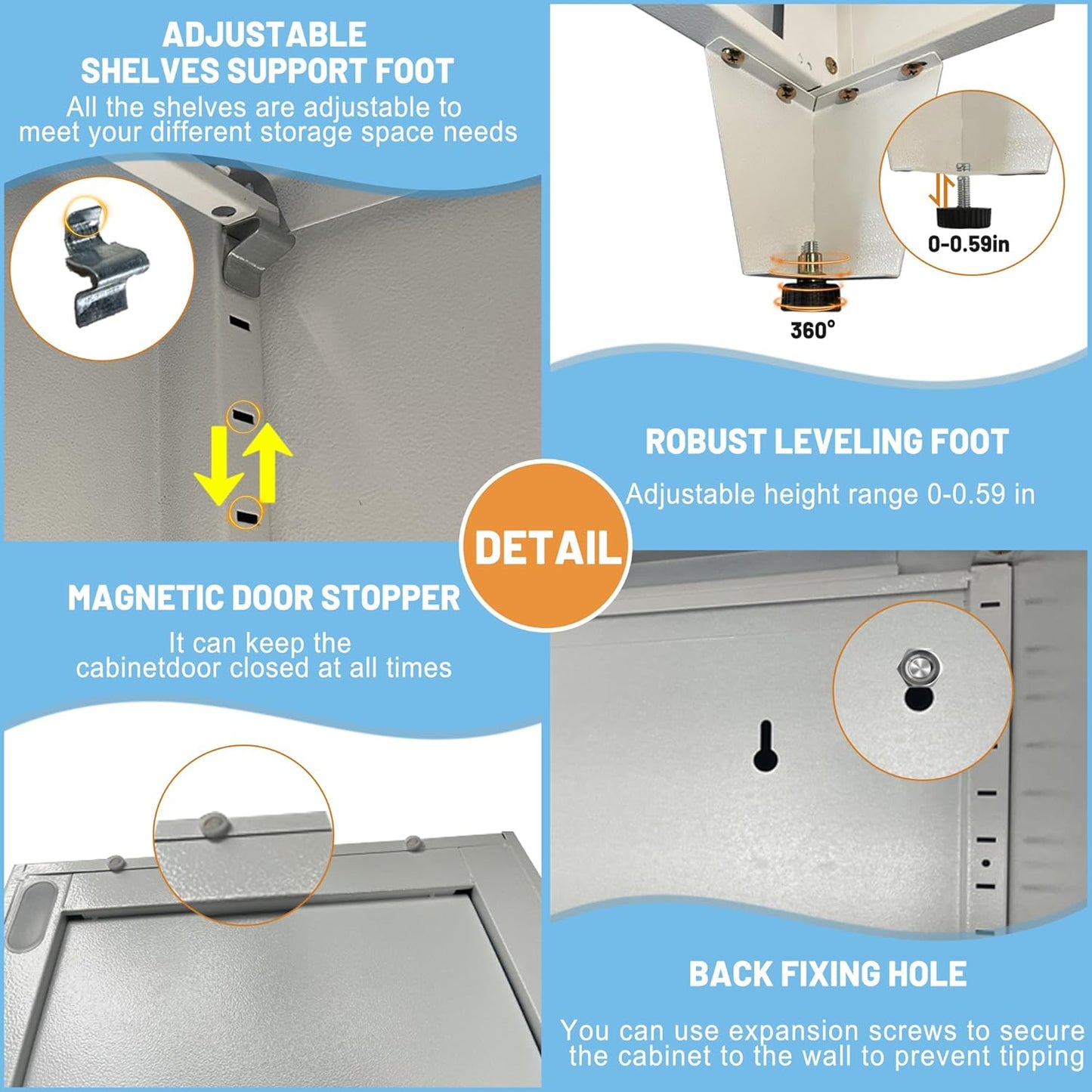 White Metal Kitchen Storage Cabinet, Kitchen Pantry Storage Cabinet with Doors and Shelves, Storage Cabinet with Adjustable Leveling Foot for Kitchen, Living Room and Dining Room. 61" H