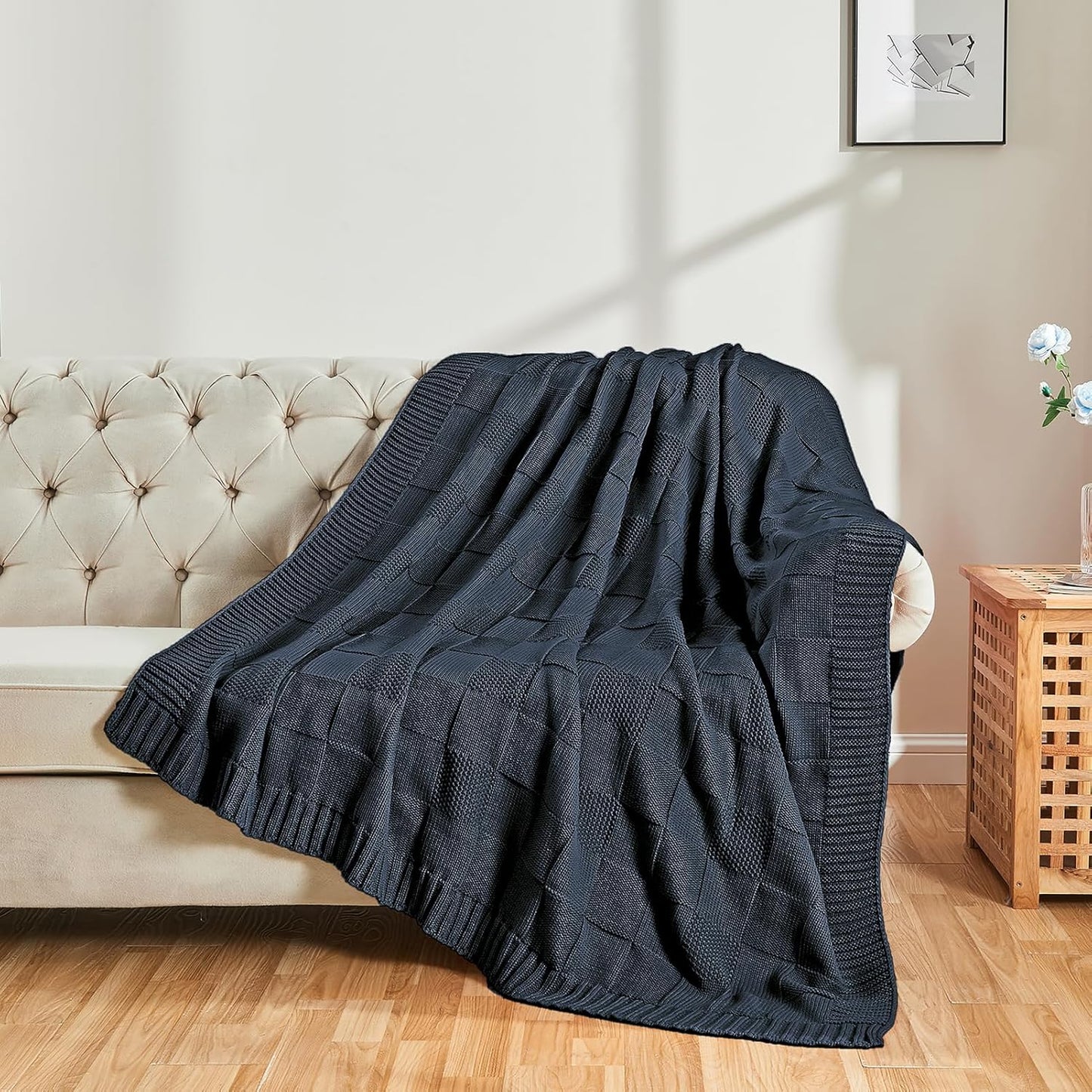 CozeCube Check Knit Throw Blanket, Midnight Navy Checkered Throw for Couch, Decorative Christmas Soft Cozy Warm Knitted Blanket for Bed Sofa Living Room, 50"X60"