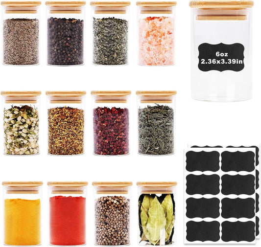 6oz Glass Food Storage Jars, Glass Jars with Bamboo Lids, Kitchen Storage Jars, Set of 12, Canisters with Airtight Lids for Spice, Coffee, Cookie, Pantry Organizers