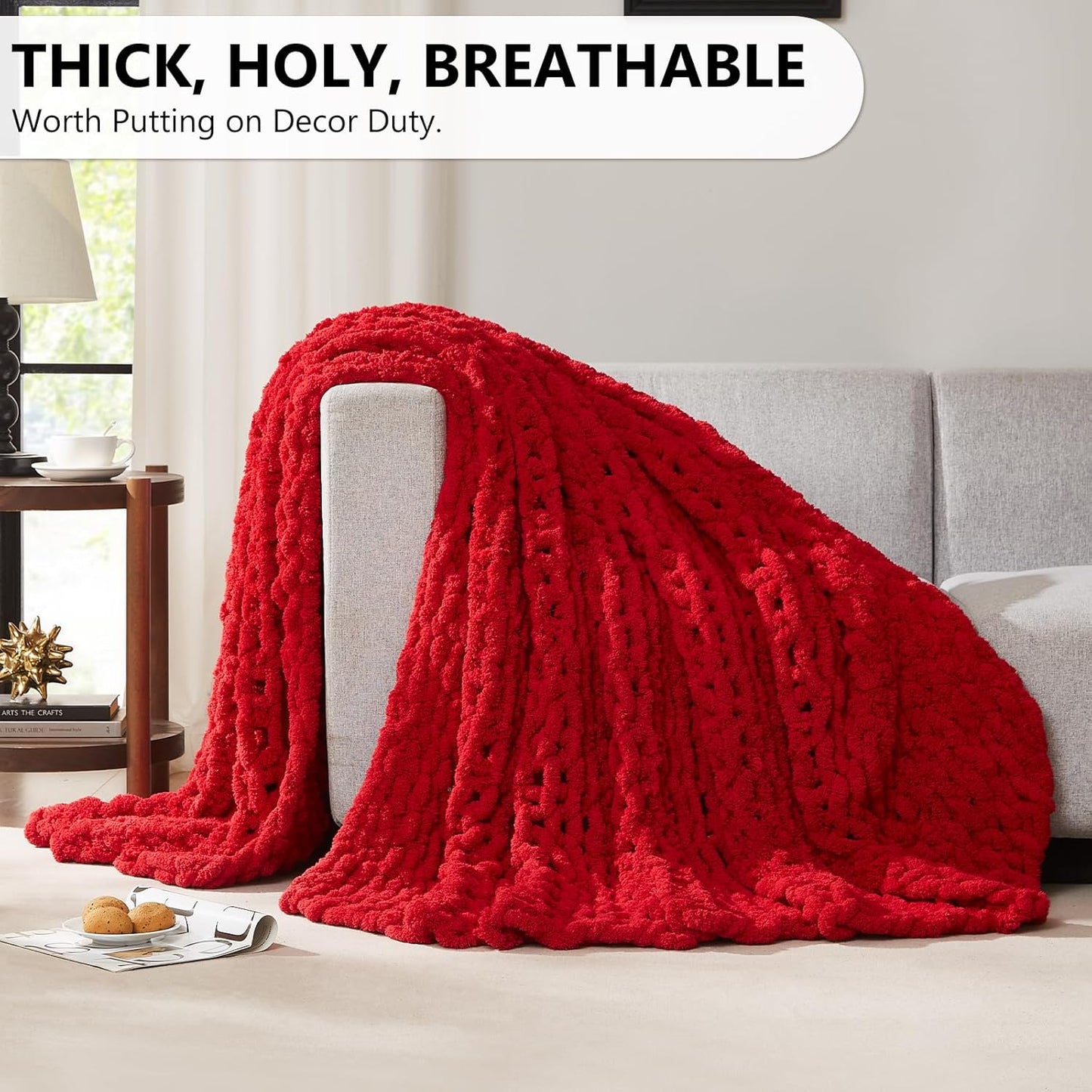 L'AGRATY Chunky Knit Throw: 72''x84'' Chenille Blanket for Bed Couch - Handmade Thick Big Cable Knit - Large Crochet Rope for Home Decor (Red)