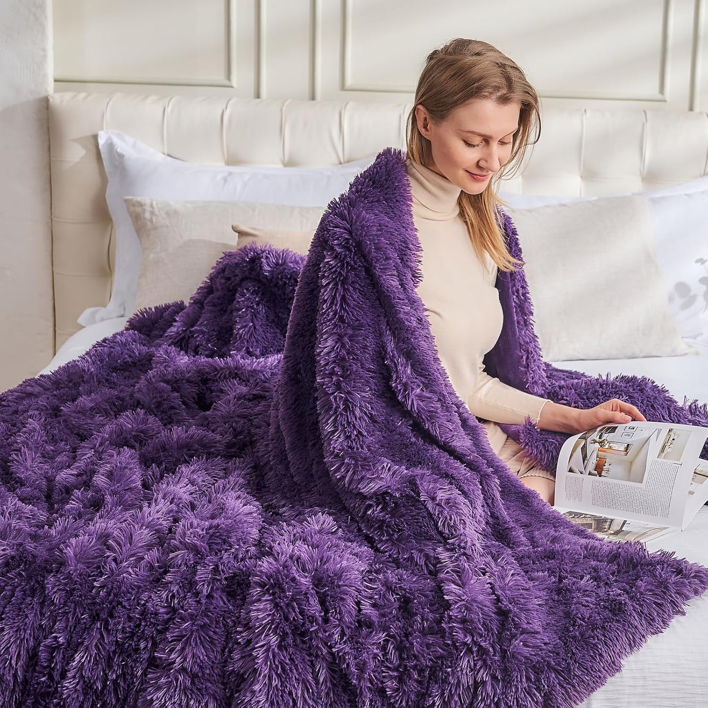 GONAAP Fuzzy Faux Fur Throw Blanket Twin Size Purple Super Soft Cozy Plush Fuzzy Shaggy Blanket for Couch Sofa Bed (Purple, Twin(60"x80"))