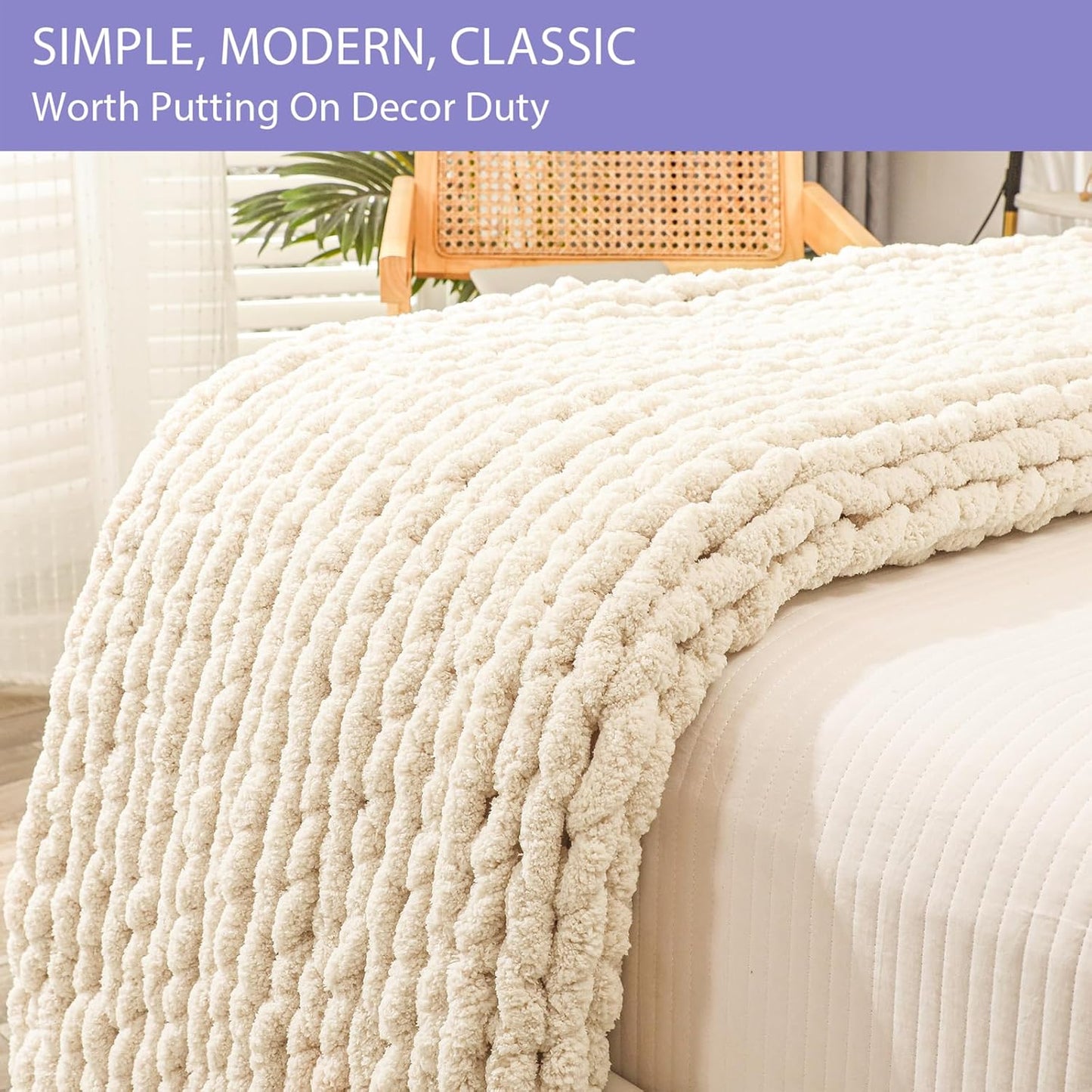 Bigacogo Chunky Knit Throw Blanket for Couch, 60x80 inches, 100% Hand Knitted with Thick Jumbo Chenille Yarn, Cozy Soft Large Rope Knot Cable Crochet Blankets for Sofa Bed Living Room, Beige