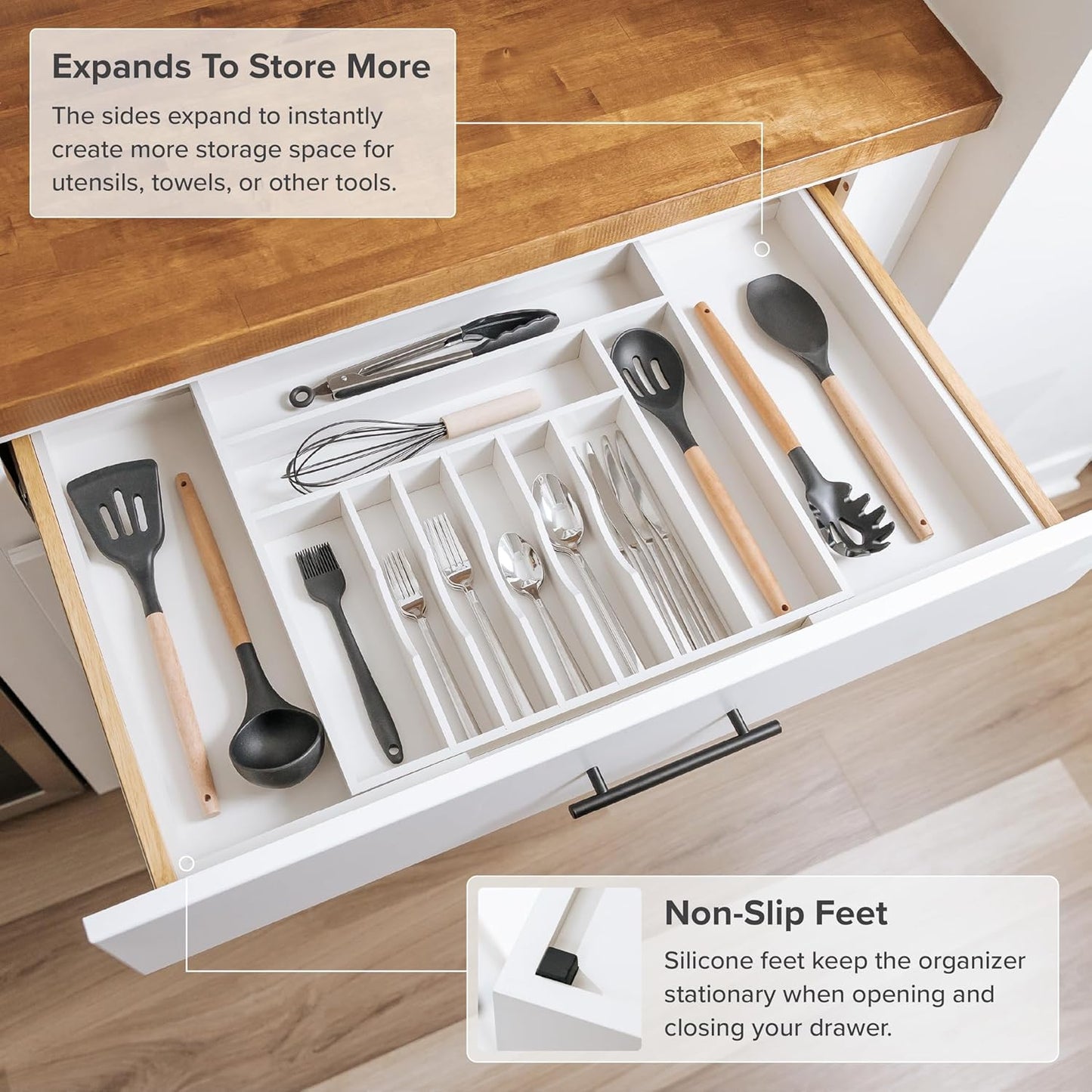 Premium Silverware, Flatware and Utensil Organizer for Kitchen Drawers, Food-Safe Contract Grade, Expandable from 18 to 33 In, White Bamboo