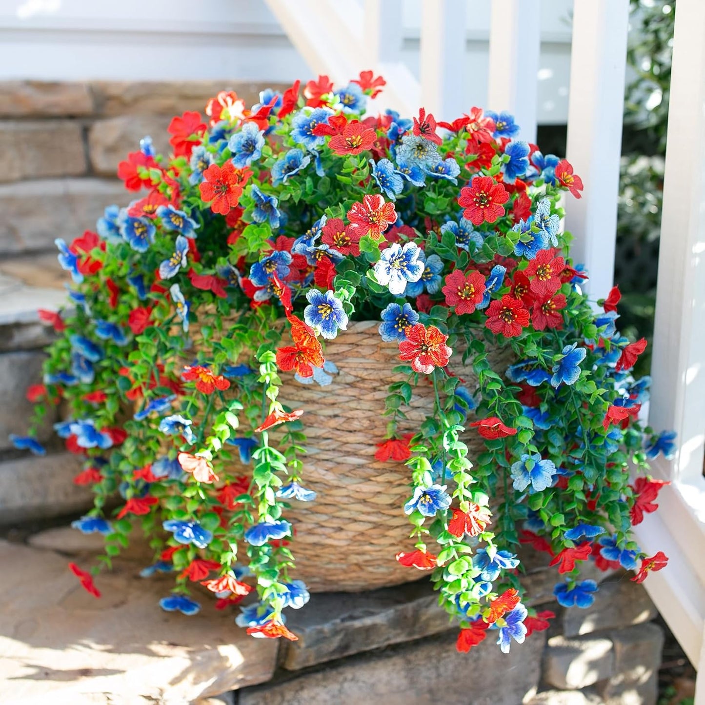 INSPRING Artificial Faux Hanging Flowers Plants for Spring Outdoor Outside Decoration, 2 PCS Fake Silk Daisy with Eucalyptus UV Resistant Realistic Trailing Vines for Balcony Patio Porch (BlueRed)