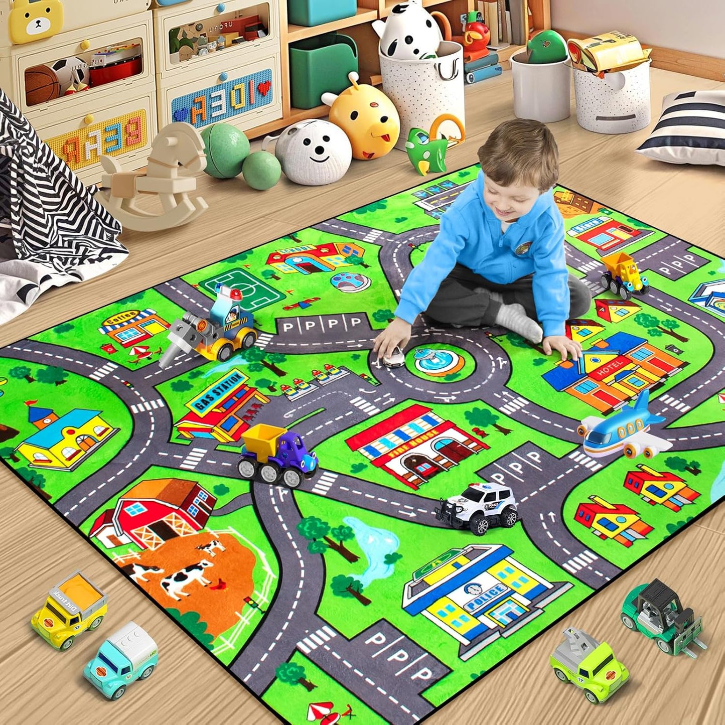 Road Car Rug,City Road Rug for Kids,4x6 Ft Kids Floor Play mat,and Car Carpet Play Mat with Realistic Colors – Perfect for Children and Non-Slip for Classroom,Playroom and Bedroom