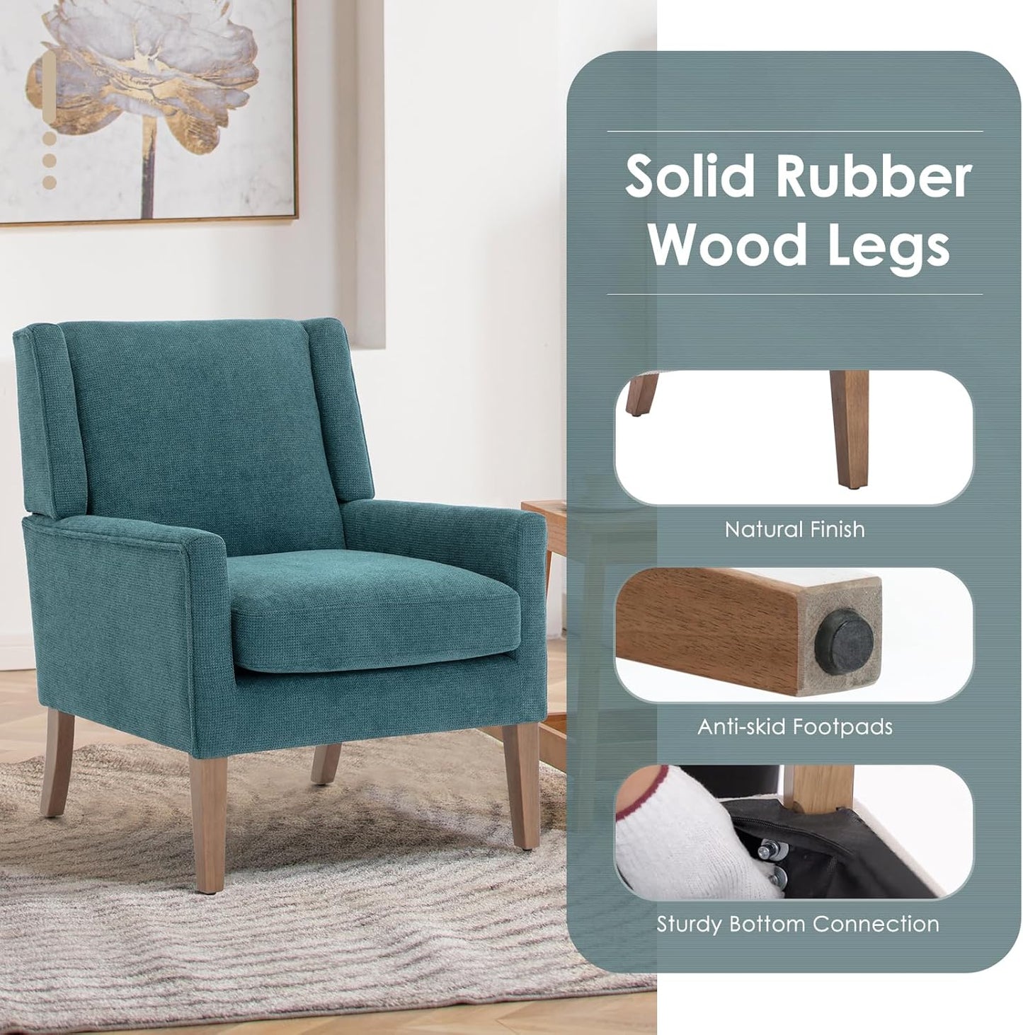 COLAMY Modern Wingback Living Room Chair, Upholstered Fabric Accent Armchair, Single Sofa Chair with Lounge Seat and Wood Legs for Bedroom/Office/Reading Spaces, Teal