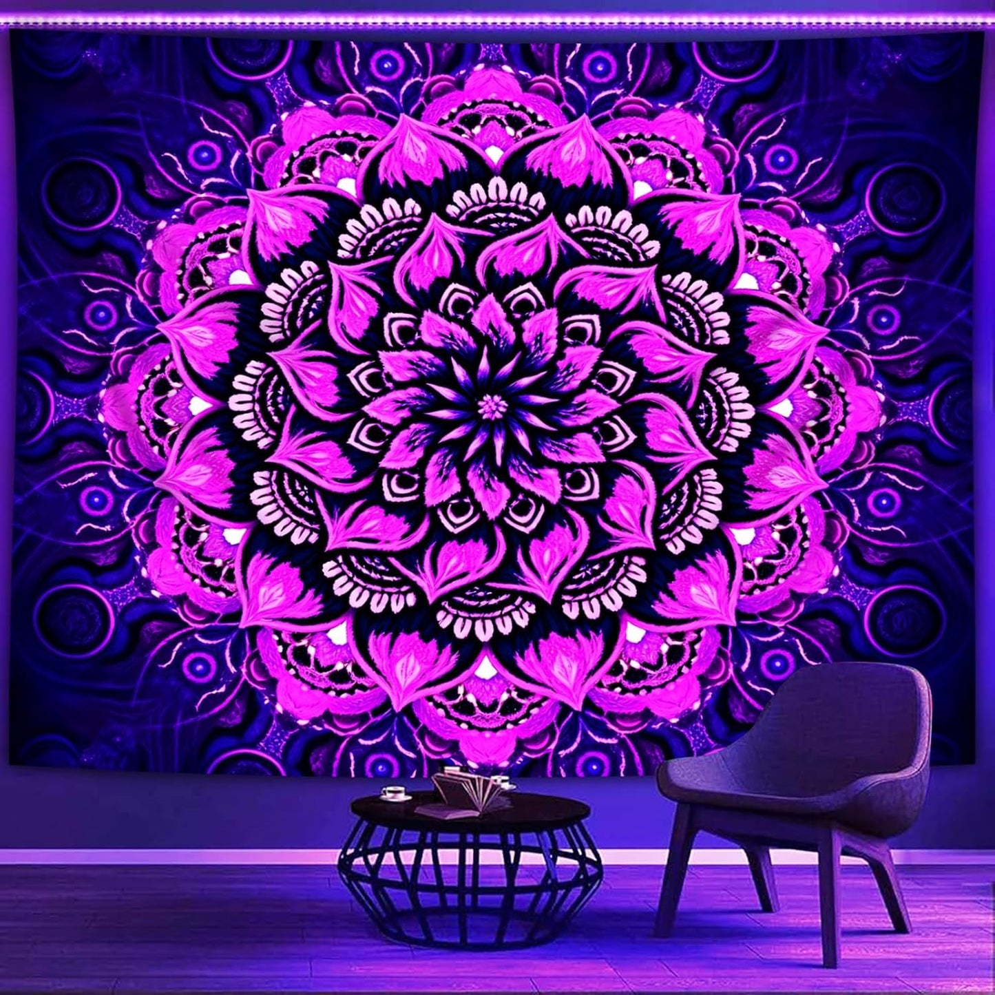 Blacklight Mandala Tapestry Wall Hanging, Psychedelic Flower Black Light Posters for Adults and Teens, UV Reactive Aesthetic Bohemian Art for Bedroom (60 x 50 Inches)