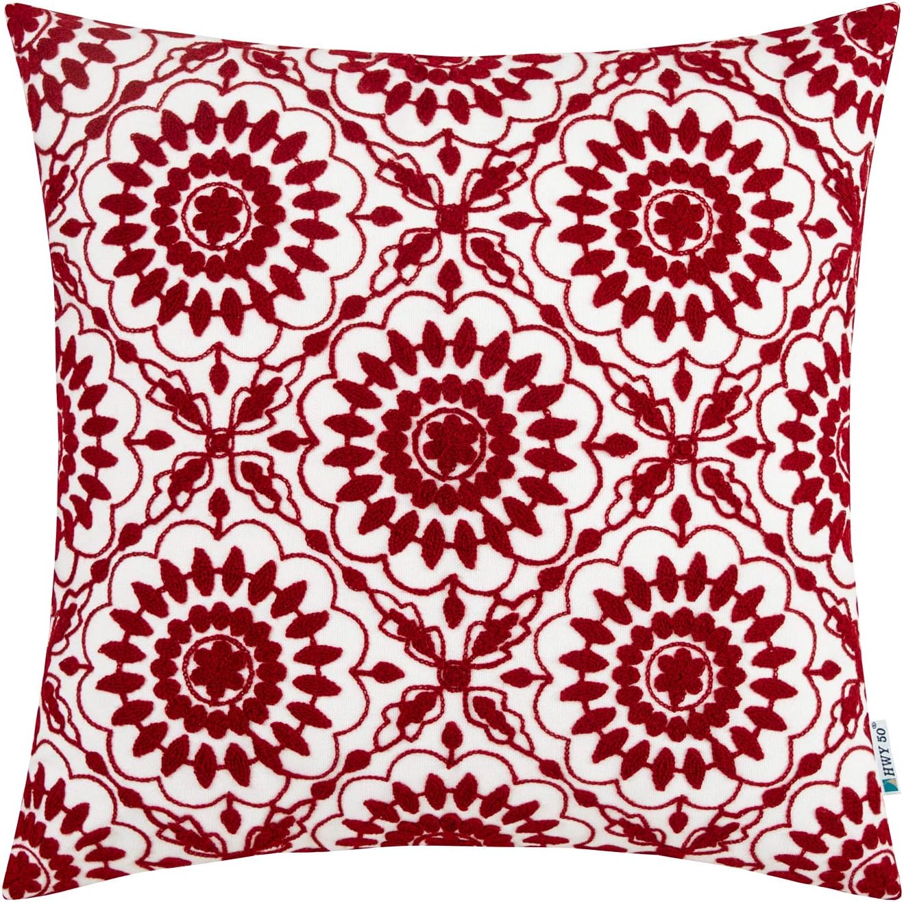 HWY 50 Red Decorative Throw Pillow Covers 18x18 Inch (1 Piece), Embroidered Cotton Farmhouse Cushion Cover Pillow Case for Sofa Couch Living Room Bed, Little Sunflower