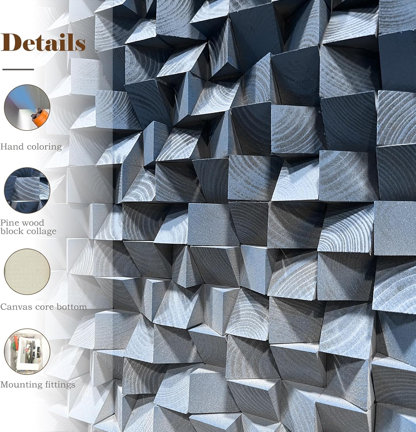 LIUZEYUE - 3D wooden block decoration painting art wall decoration 3D wooden background wall living room bedroom study (blue gray gradient) 23.6 "x 47.2"