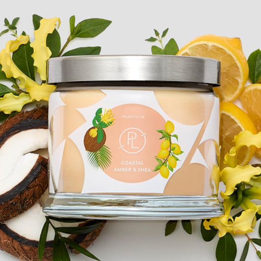 PartyLite Coastal Amber & Shea Scented, Notes of Ylang Flower, Citron, Sweet Coconut & Amber Creme, 13.2oz 3-Wick Jar Candle, 45 Hour Burn Time, Luxurious Fragrance, Ideal for Gifting