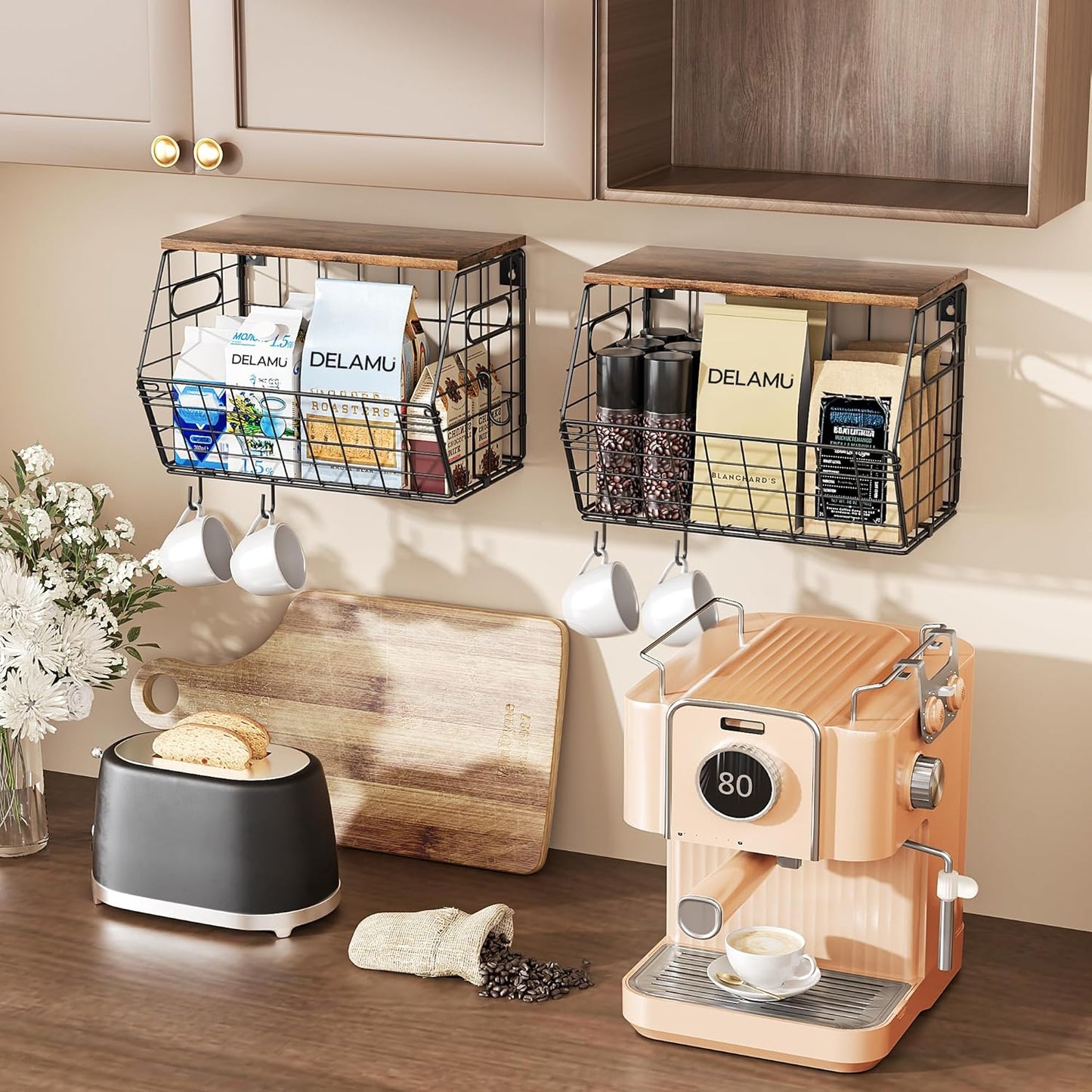 Delamu 2-Pack Stackable Metal Fruit Basket with Wood Lid-Wall Mounted & Countertop Organizer for Kitchen,Pantry- Ventilated Storage for Onions,Potatoes,Fruits,Spices (12"x 8"x 8-5/16")