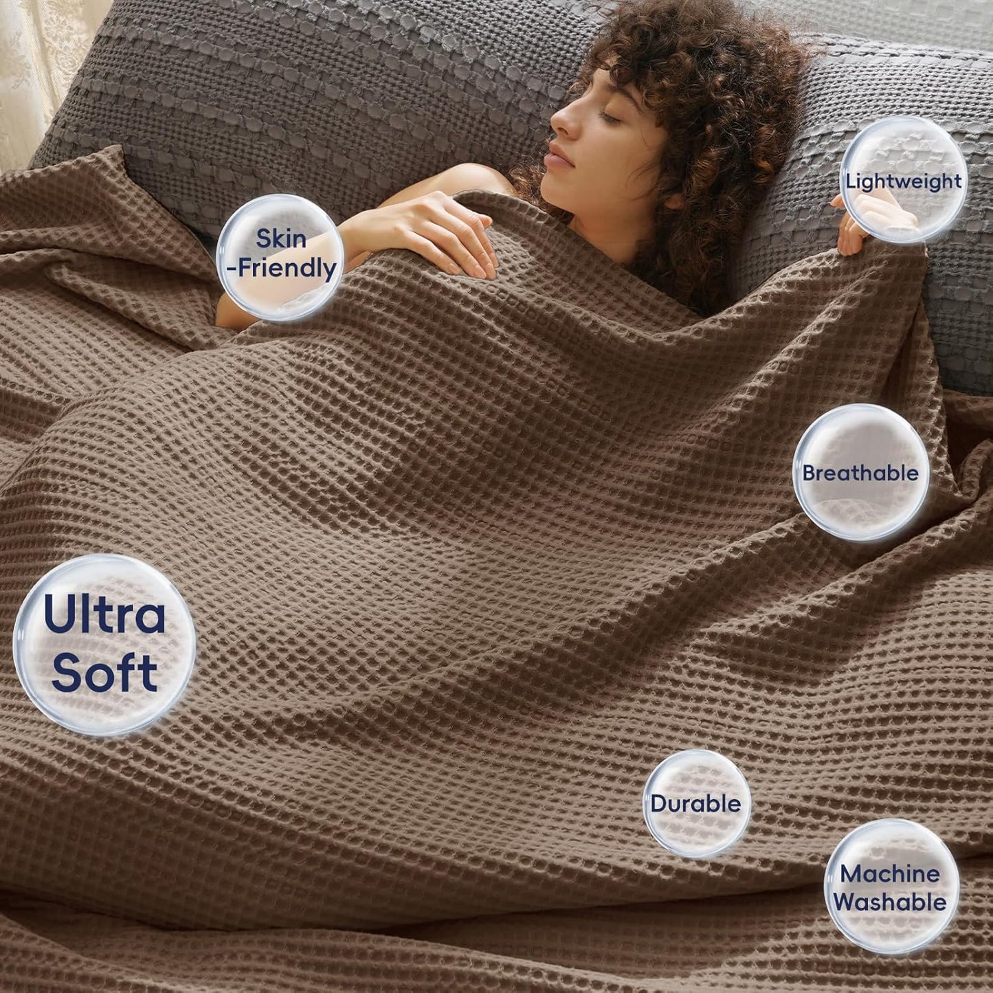 PHF Ultra Soft Waffle Weave Blanket Queen Size 90"x 90"- Washed Lightweight Breathable Cozy Woven Blanket for Bed - Aesthetic Decor for Couch Bedding Sofa Home Car - Cocoa Brown