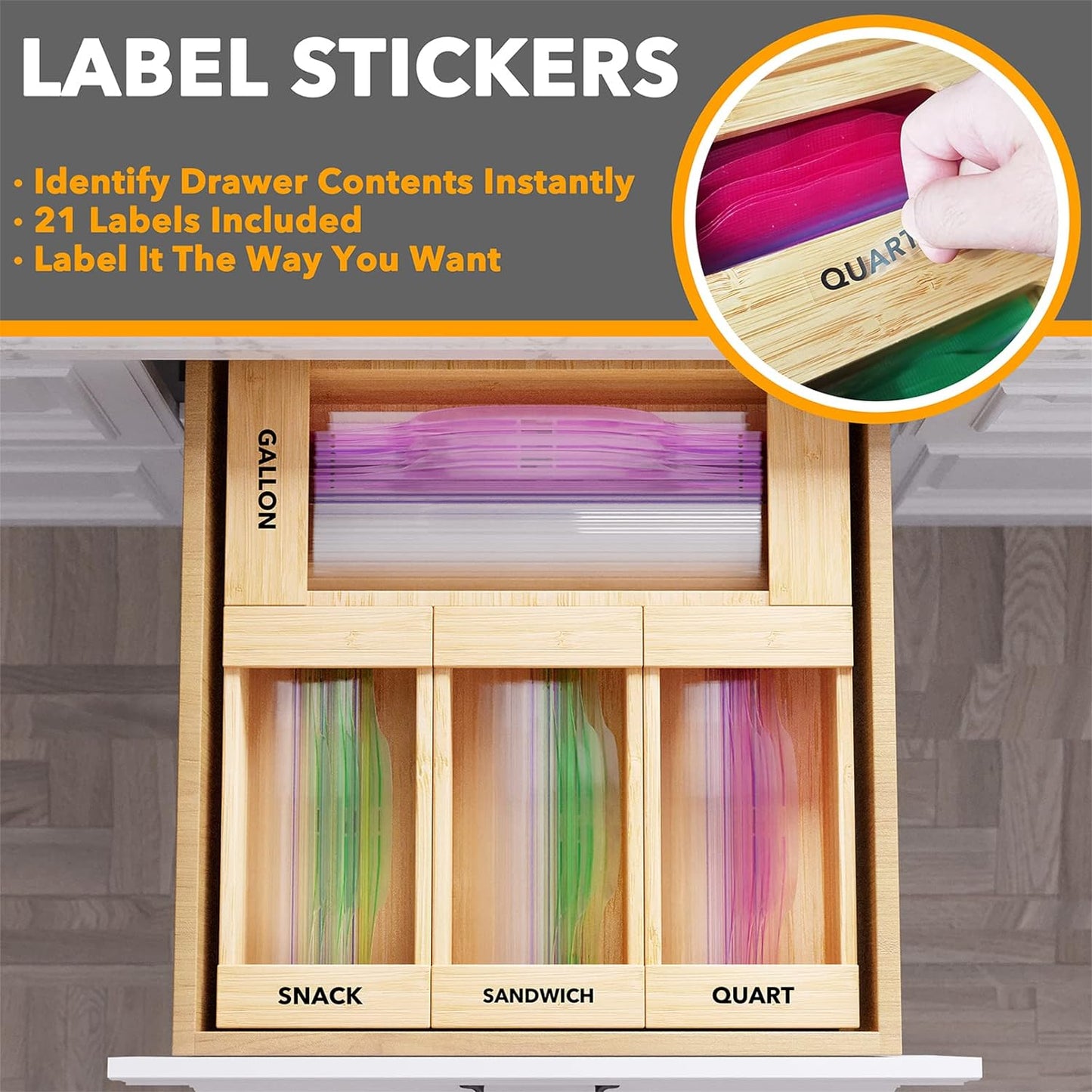 SpaceAid Bag Storage Organizer for Kitchen Drawer, Bamboo Organizer, Compatible with Gallon, Quart, Sandwich and Snack Variety Size Bag (4 Pack)