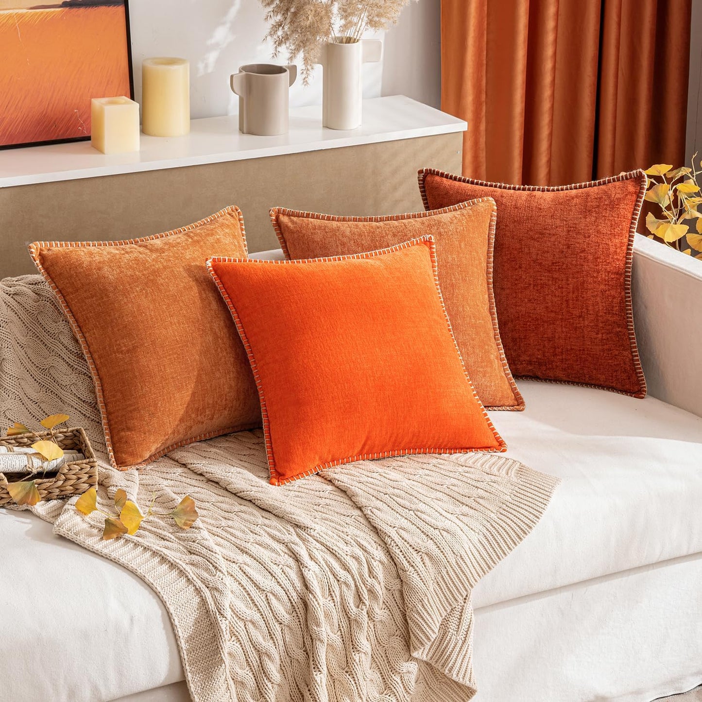 MIULEE Pack of 2 Fall Couch Throw Pillow Covers 20x20 Inch Bright Orange Farmhouse Decorative Pillow Covers with Stitched Edge Soft Chenille Solid Dyed Pillow Covers for Sofa Bed Living Room