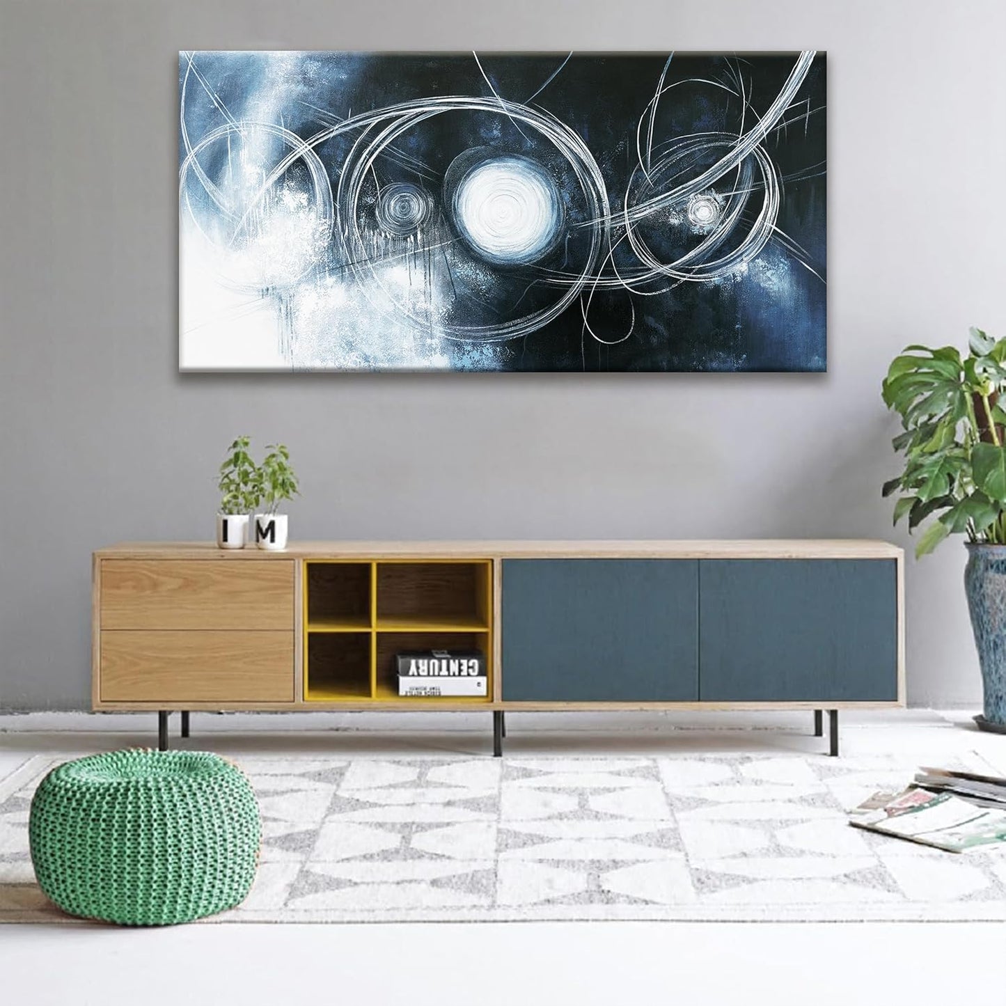 TAIJXAGSG Large Abstract Wall Art For Living Room Modern Dark Blue Wall Canvas Decorations White Line Canvas Wall Art Decor Prints Artwork Bedroom Kitchen Office Home Wall Artwork 29"×58"