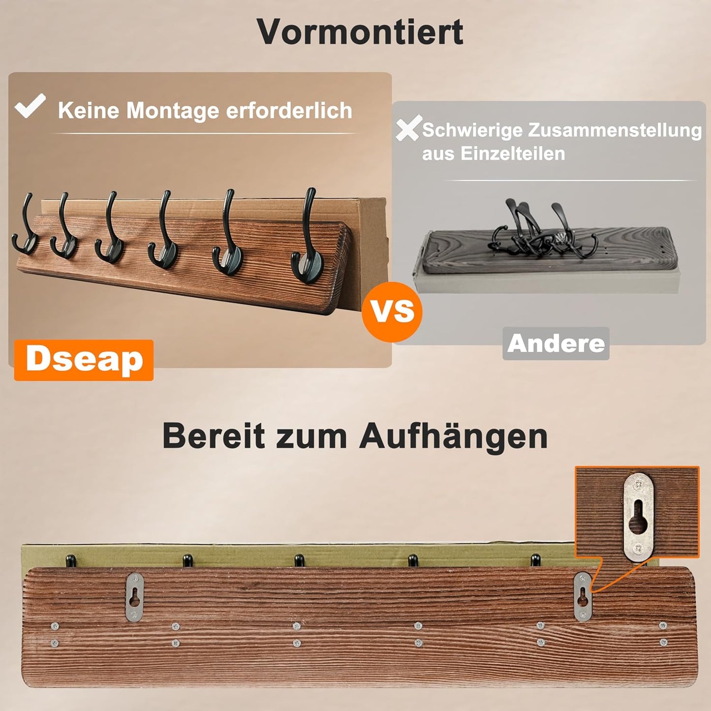 Dseap Wall Mounted Coat Rack: 24" Long, Patented, Heavy-Duty, 6-Double-Hooks Wooden Hanger Rail for Winter Coats, Hat, Jacket, Clothing - Weathered Brown, Pack of 2