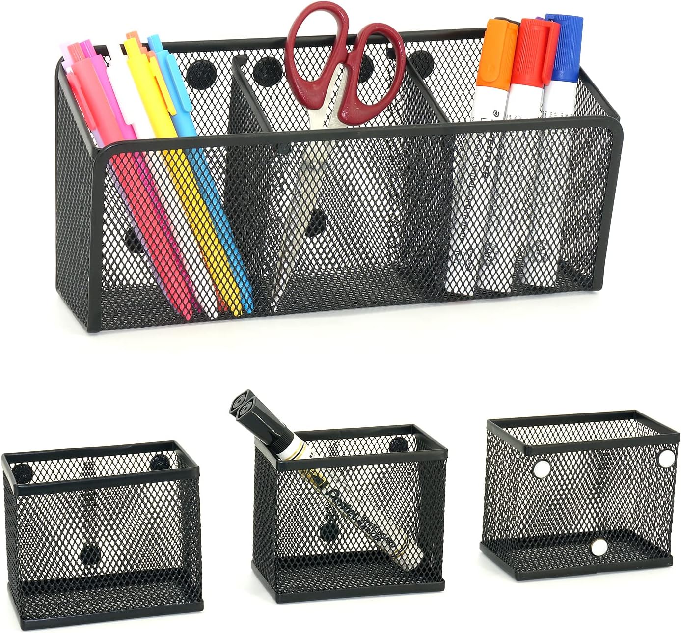 Neudeco Magnetic Pencil Holder, Locker Shelf Organizer, Metal Storage Basket for Whiteboard, Refrigerator, Ideal Cabinet for School, Black (Pack 4)