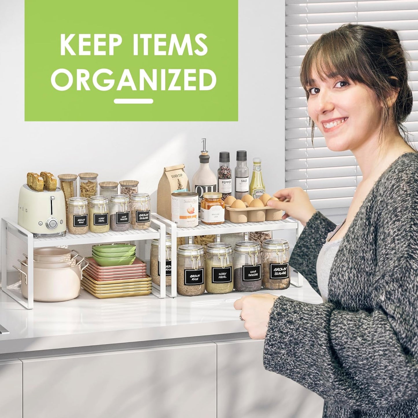 2 Pack Kitchen Countertop Organizer, Stackable Cabinet Shelf Organizer, 2 Tier Adjustable Kitchen Counter Shelves Riser For Pantry Cupboard Bathroom Organization And Storage, Desk Shelf,Spice Rack