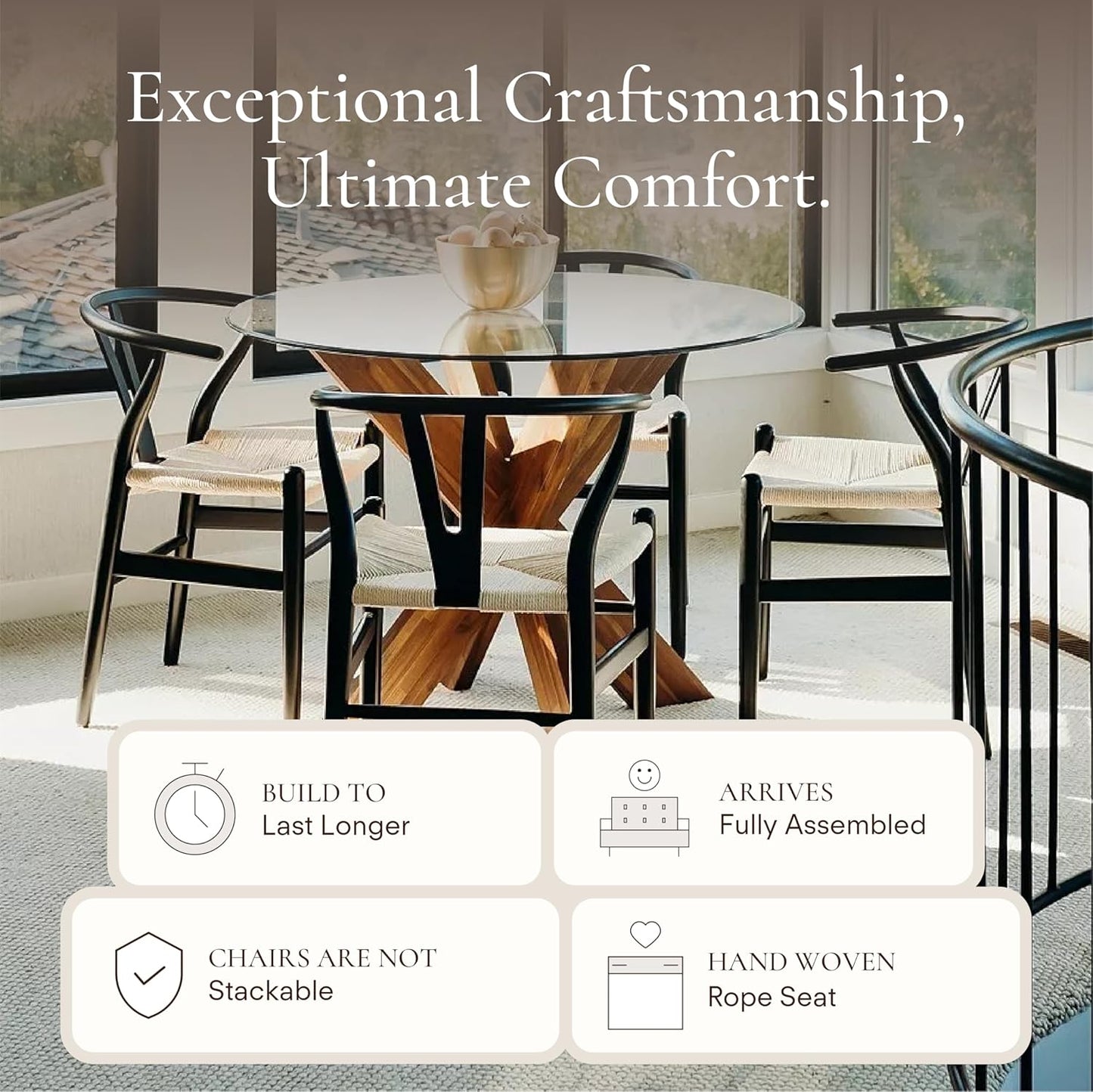 POLY & BARK Weave Dining Chair – Mid-Century Modern Wishbone Dining Chair with Arms, Solid Wood Frame, Indoor Use – Black – Single - Ideal for Dining Room, Kitchen or Stylish Accent Setting