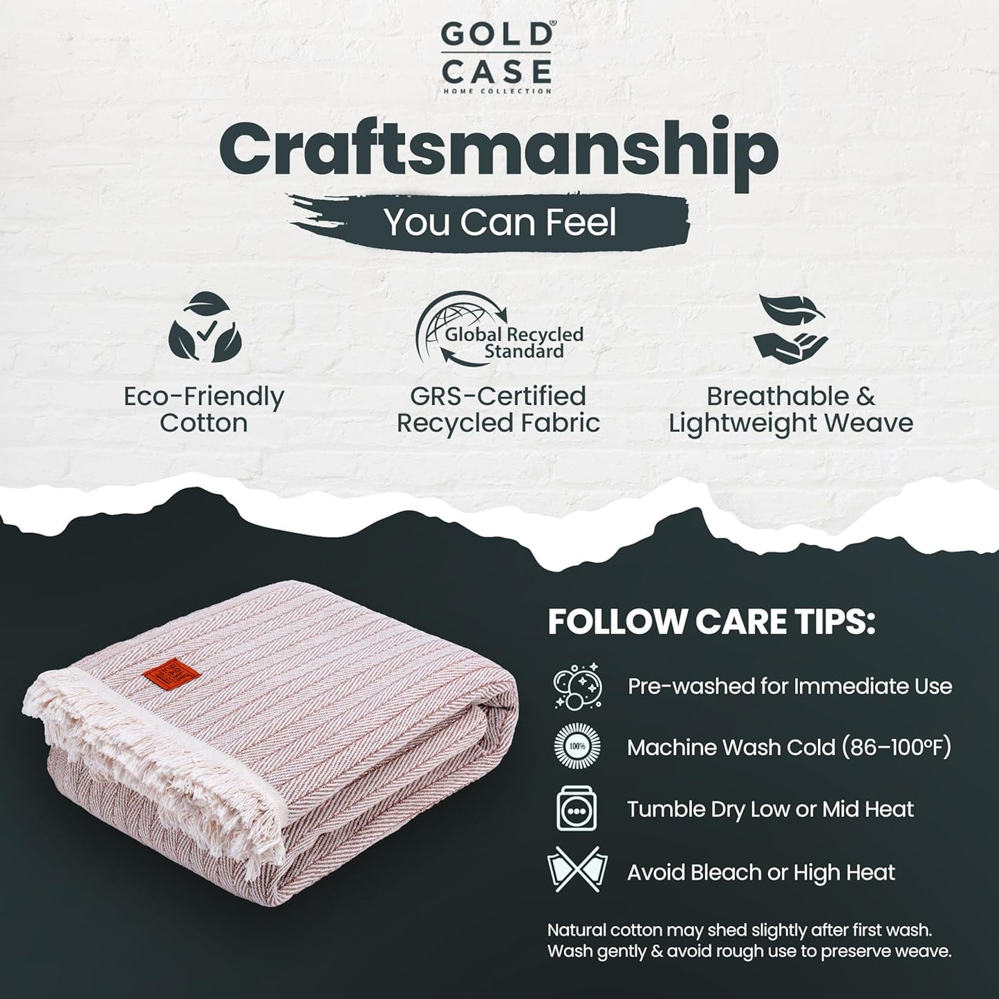 Gold Case Throw Blanket for Bed – 100% Recycled Turkish Cotton Bed Blanket – Decorative Throw Cotton Blankets for Living Room & Bedroom – Woven Twin Blankets – Vintage Beige – 71x90