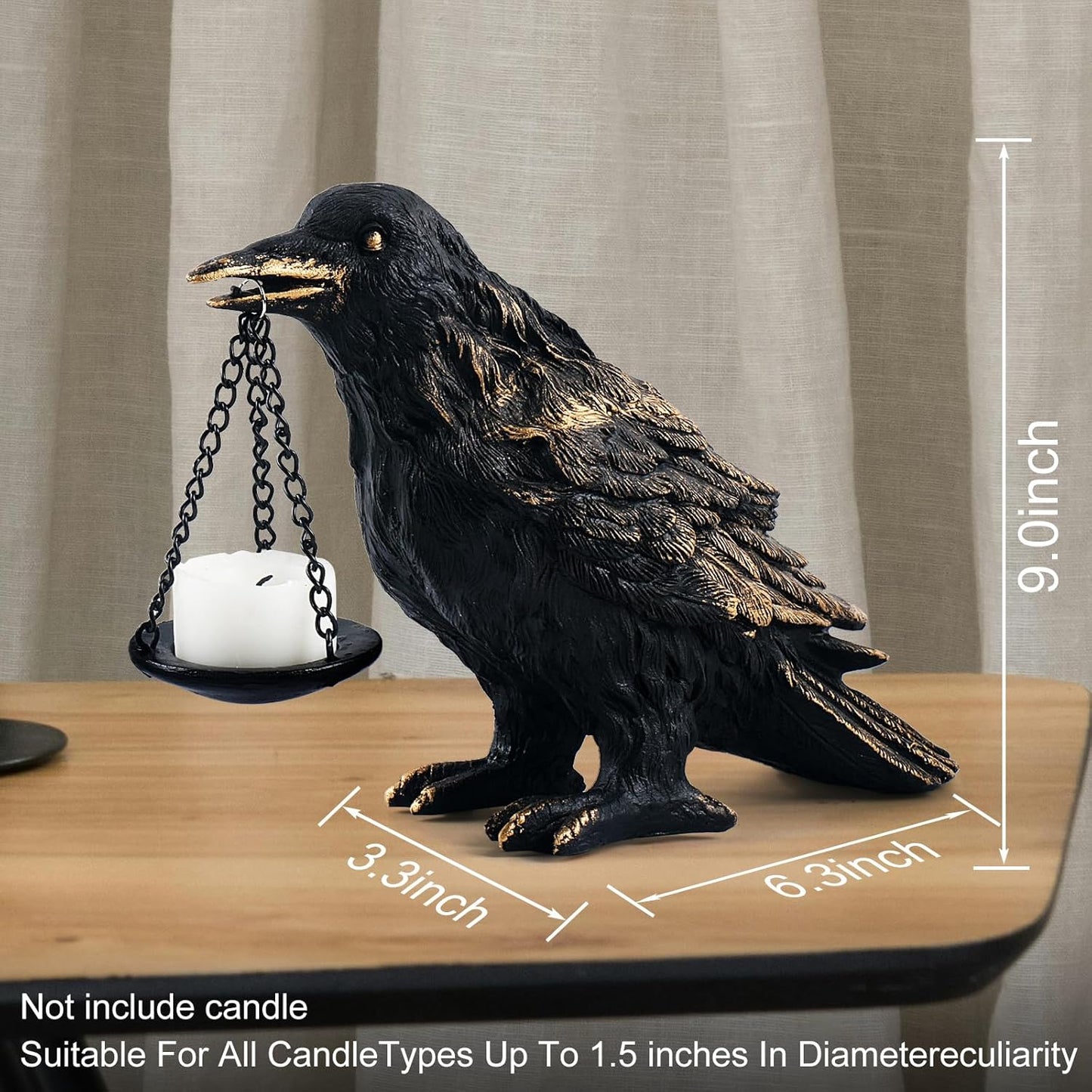 Raven Gothic Home Decor Fake Crow Light Holder Raven Lamp Tealight Candle Holder Resin Raven Statue Wearing Gold