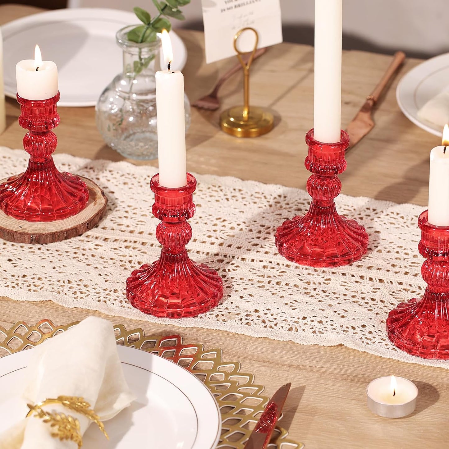 12PCS Red Candlestick Holders Set- 4" H Taper Candle Holders, Glass Candle Holders Bulk for Activities, Party, Home Table Centerpieces, Festival Gifts & Windowsill Decor