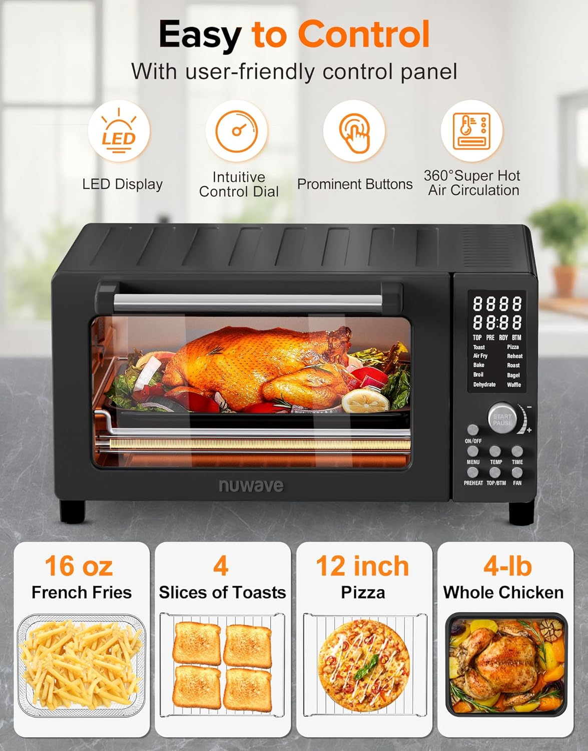 Nuwave Bravo Pro Smart Air Fryer Toaster Oven Combo, Airfryer Convection Oven Countertop, 12-in-1 Functions with Quicker & Even Crisp Technology, 1800W, 50-450°F, PFAS-Free, 21QT, Black