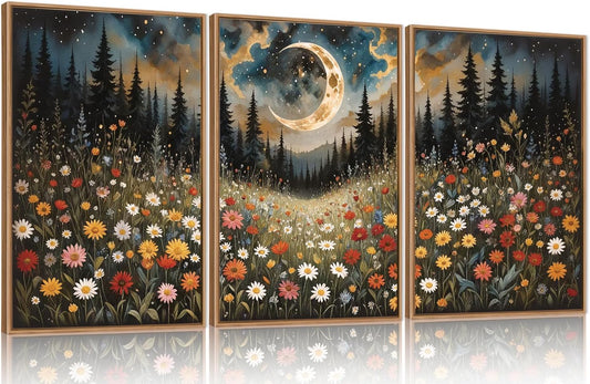HPINUB Wildflower Moon Forest Framed Canvas Wall Art Set,Nature Pine Tree Wall Decor,Mystical Starry Night Artwork Rustic Mountain Landscape Art Print for Living Room,Bedroom,Office-16 x24 x3