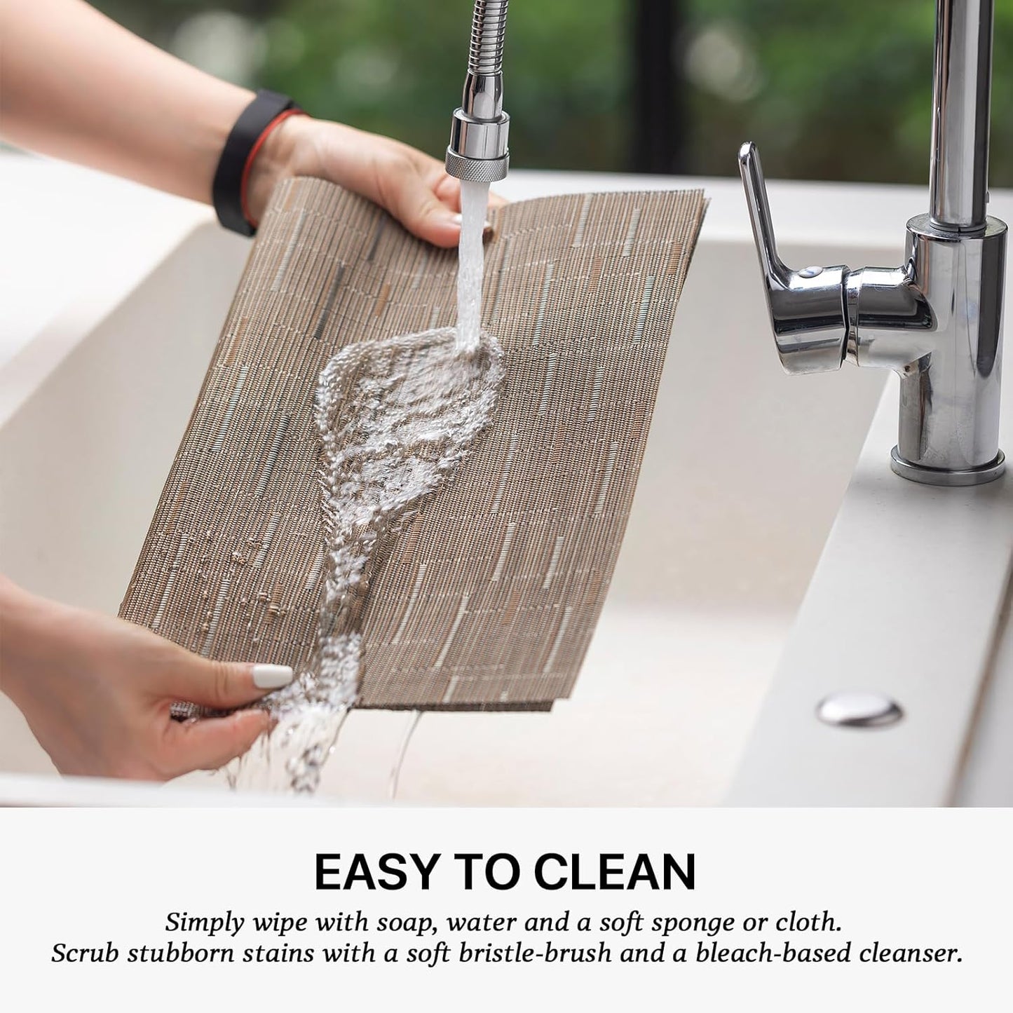 LEXMORE Placemats Set of 6 Vinyl/Plastic Woven Place Mats for Kitchen Table Indoor/Outdoor Washable Placemat Wipeable Dining Table Mats(Light Brown)