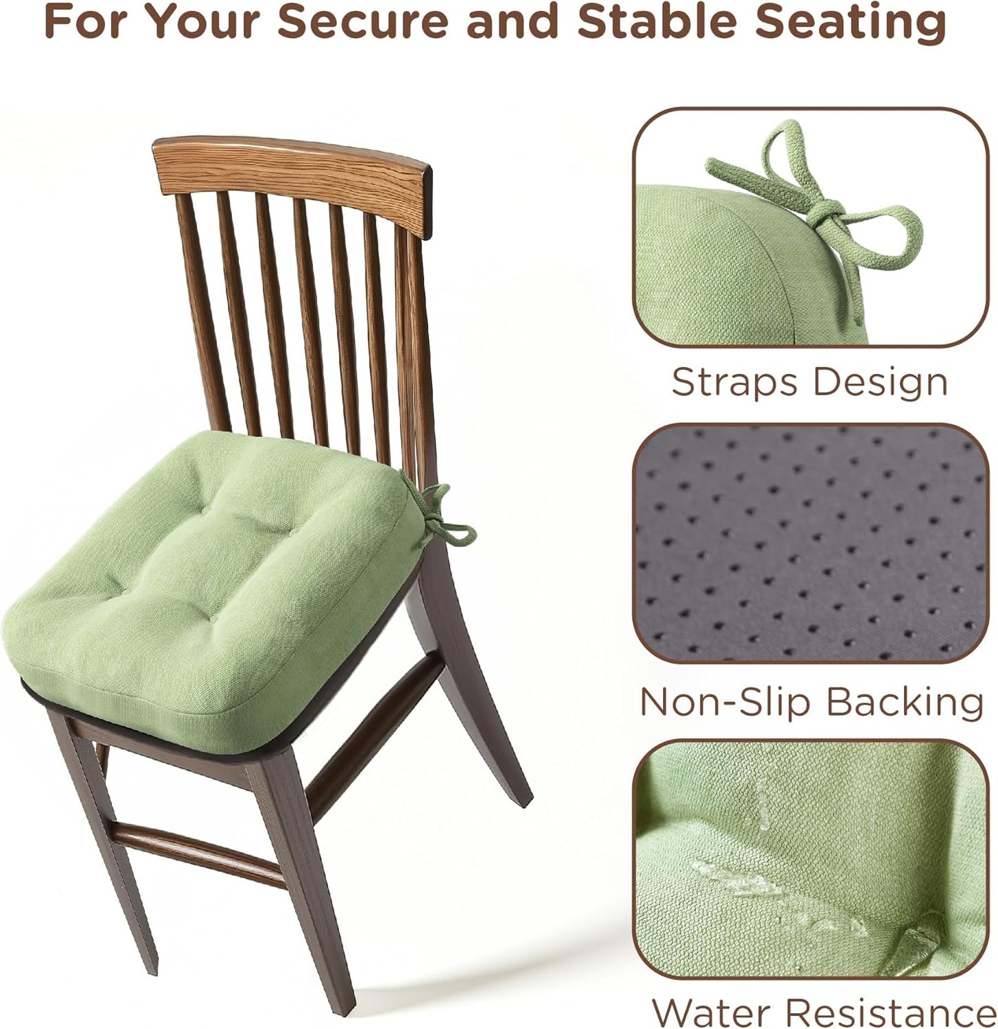 Codi 6 Pack Dining Chair Cushions, Thick Chairs Pads for Indoor Kitchen Room - Washable, Non-Slip Seat Cushion with Ties, 16.5"x16.5"x 3.5", Set of 6, Sage
