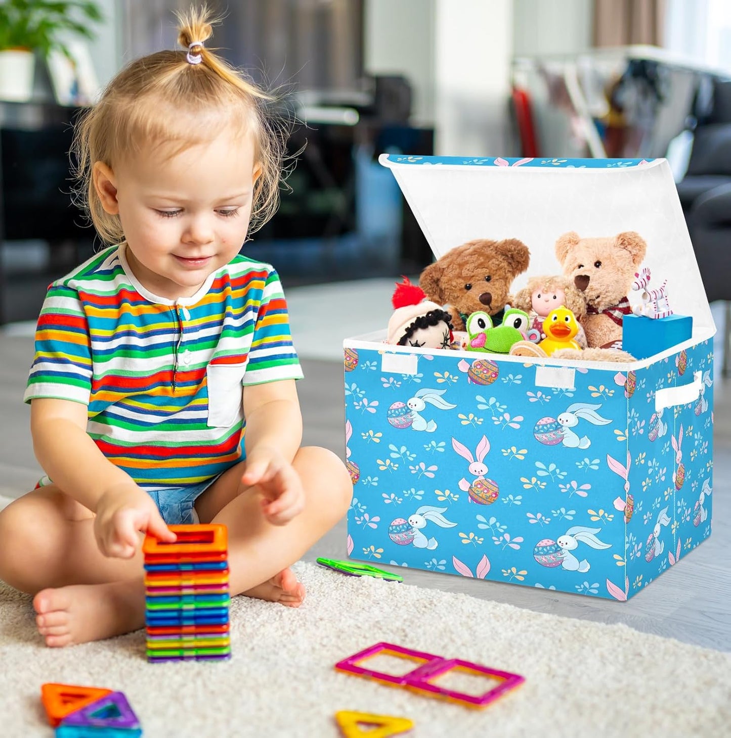 susiyo Blue Bunnies Colored Eggs fabric storage baskets with lids,Collapsible Storage Boxes,Foldable storage boxes with handles for Home,Office,Closet Organization