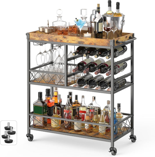 Gizoon Bar Cart, 3 Tier Coffee Cart with Lockable Wheels, 12-Bottle Wine Rack, and Hanging Glass Holder, Kitchen Rack with Removable Tray, for Kitchen, Dining Room, Entertaining, Club Party,Retro