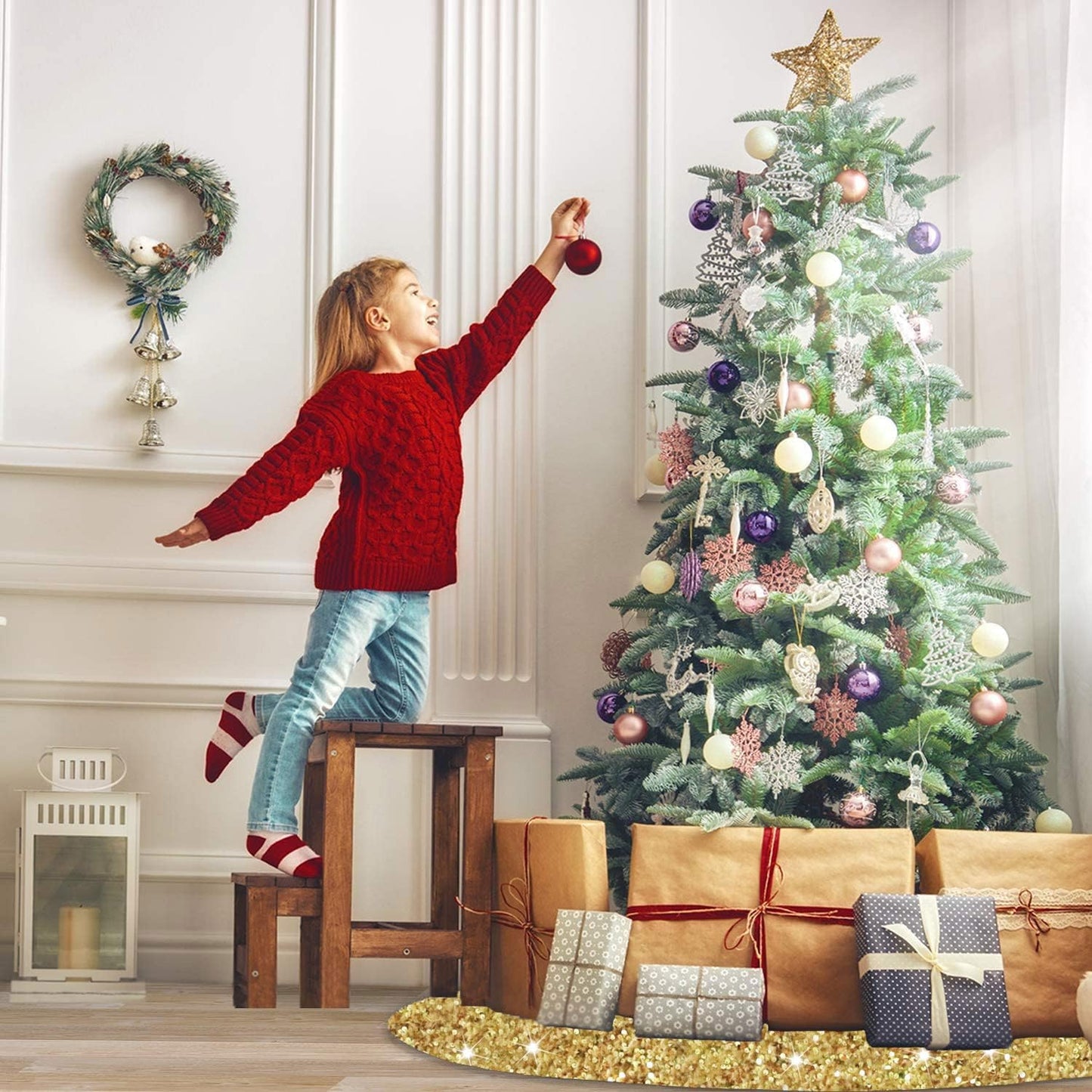 Gold Tree Skirt 36 Inch Shiny Sequin Christmas Tree Skirt Christmas Ornaments for Feast Tree Velvet Round Xmas Tree Skirts Glitter Metallic Christmas Tree Base Skirt Unique Sequins Tree Blanket.