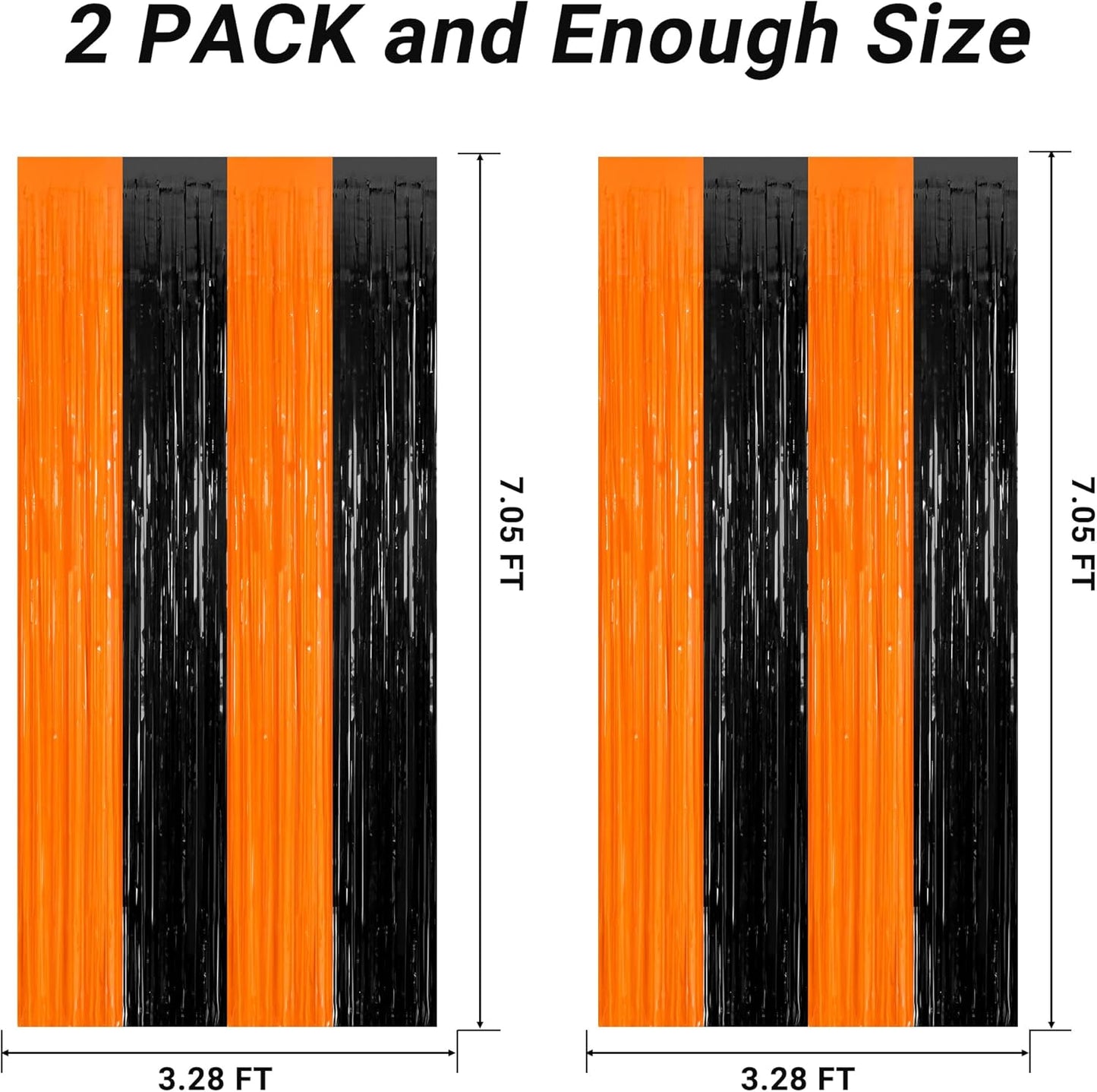 2 Pack Halloween Photo Backdrop, 3.28 FT x 7.05 FT Orange and Black Party Streamer, Metallic Foil Fringe Curtains Tinsel Backdrop, Halloween Birthday Party Decorations Hanging Decor Indoor