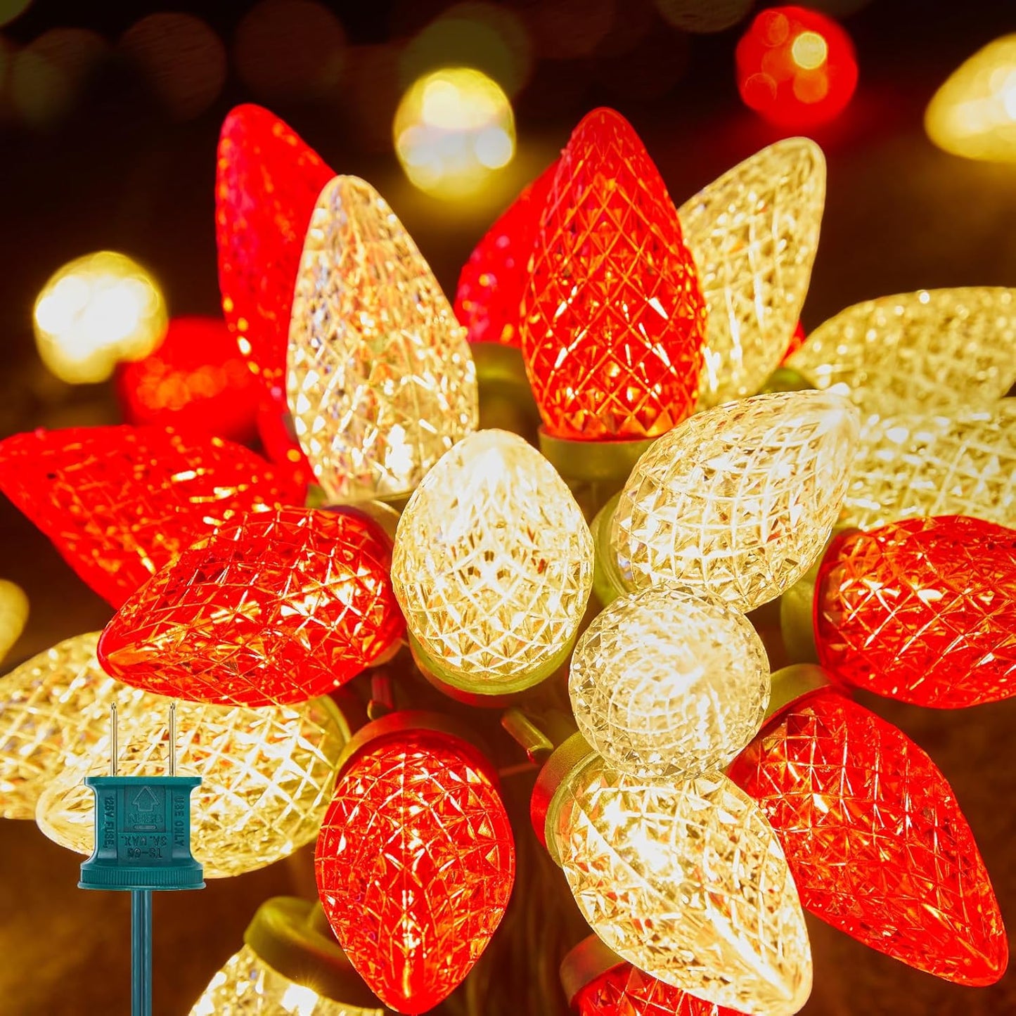 Brightown Red and Warm White C9 LED Christmas String Lights, 33ft 50 LED Waterproof Strawberry String Lights, Plug-in Extendable Green Wire Lights String for Outdoor Indoor Patio Party Decoration
