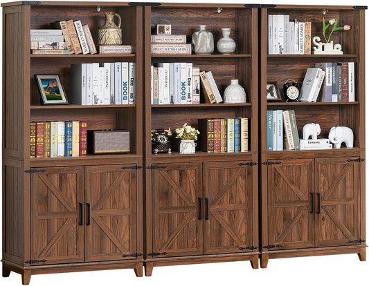 70in Tall Bookshelf 5 Tier Bookcase with Barn Doors and Adjustable Shelves, Brown Farmhouse Book Shelf with Storage Cabinet, Wood Freestanding Display Bookshelves for Bedroom, Kitchen (3PCS)