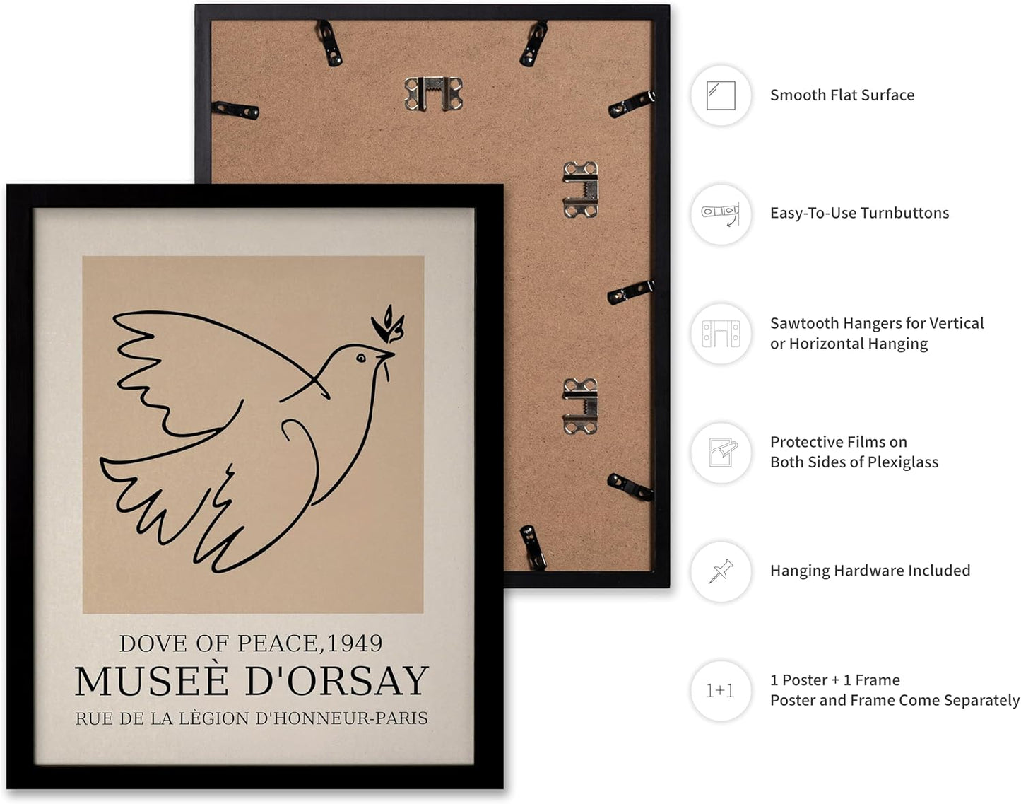 Poster Master Vintage Poster - Retro Minimalist Print - Gift for Artist, Friend - Dove Of Peace, Line Drawing, Sketch, Abstract - Wall Decor for Living Room, Bedroom, 8x10 Black Framed