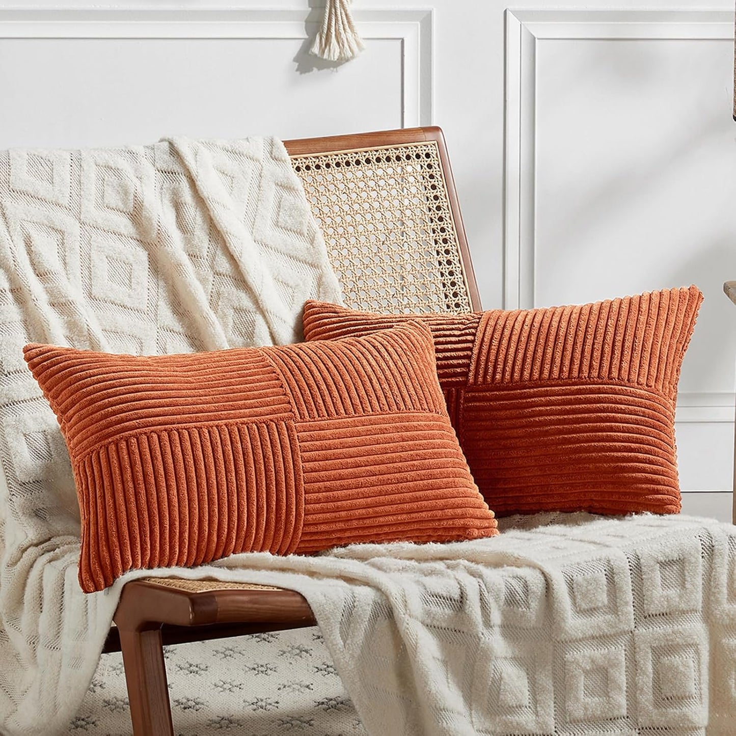 Fancy Homi Set of 2 Burnt Orange Lumbar Decorative Throw Pillow Covers 16x28 Inch for Living Room Couch Bed, Boho Farmhouse Fall Home Decor, Soft Corduroy Corss Patchwork Cushion Case 40x70 cm