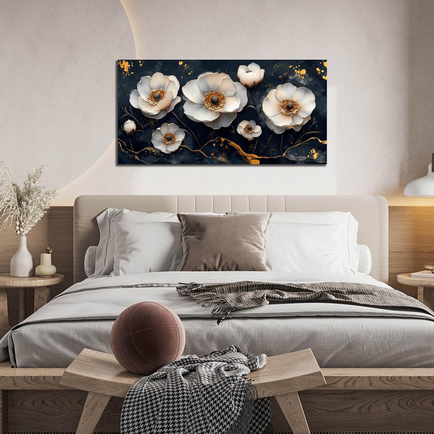 White Flower Wall Canvas Art for Bedroom - Black and White Wall Art for Living Room - Home Office Decor Wall Size 20" x 40"