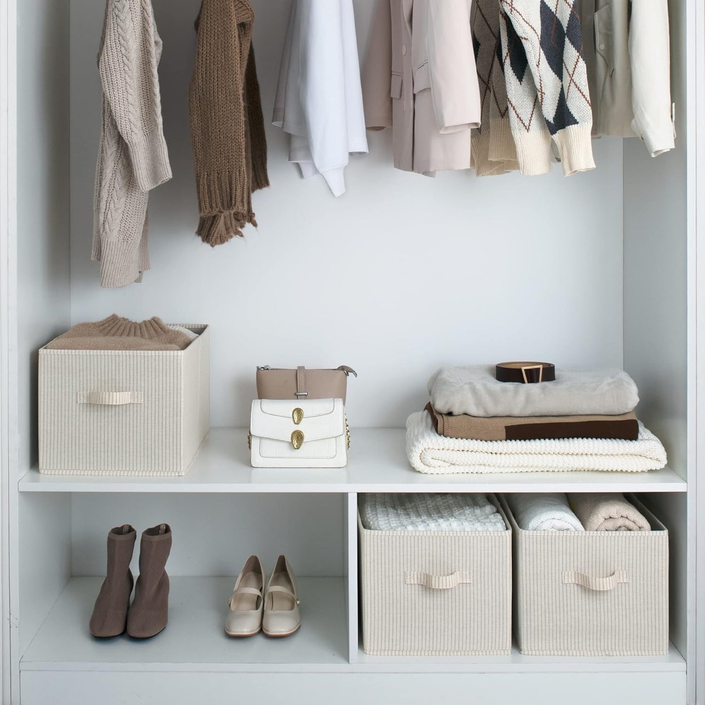 StorageWorks Storage Baskets for Shelves, Foldable Fabric Closet Storage Bins with Handles, Fabric Storage Bins Clothes Organizer, Beige Stripes, 3-Pack, Extra Large