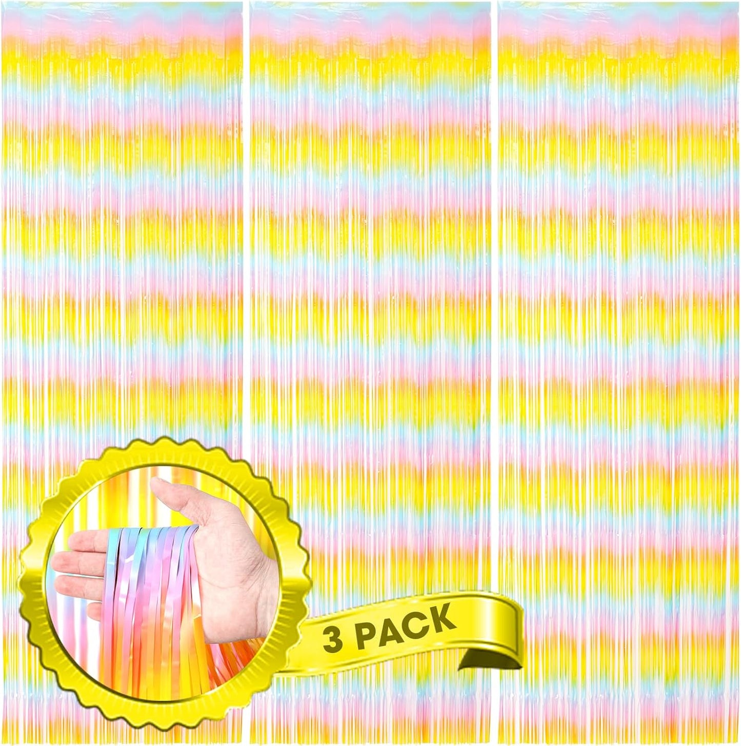 3 Pack 3.3 x 8.2 ft Pastel Rainbow Foil Fringe Backdrop Curtains, Tinsel Streamers Birthday Party Decorations, Fringe Backdrop for Graduation, Baby Shower, Gender Reveal, Disco Party