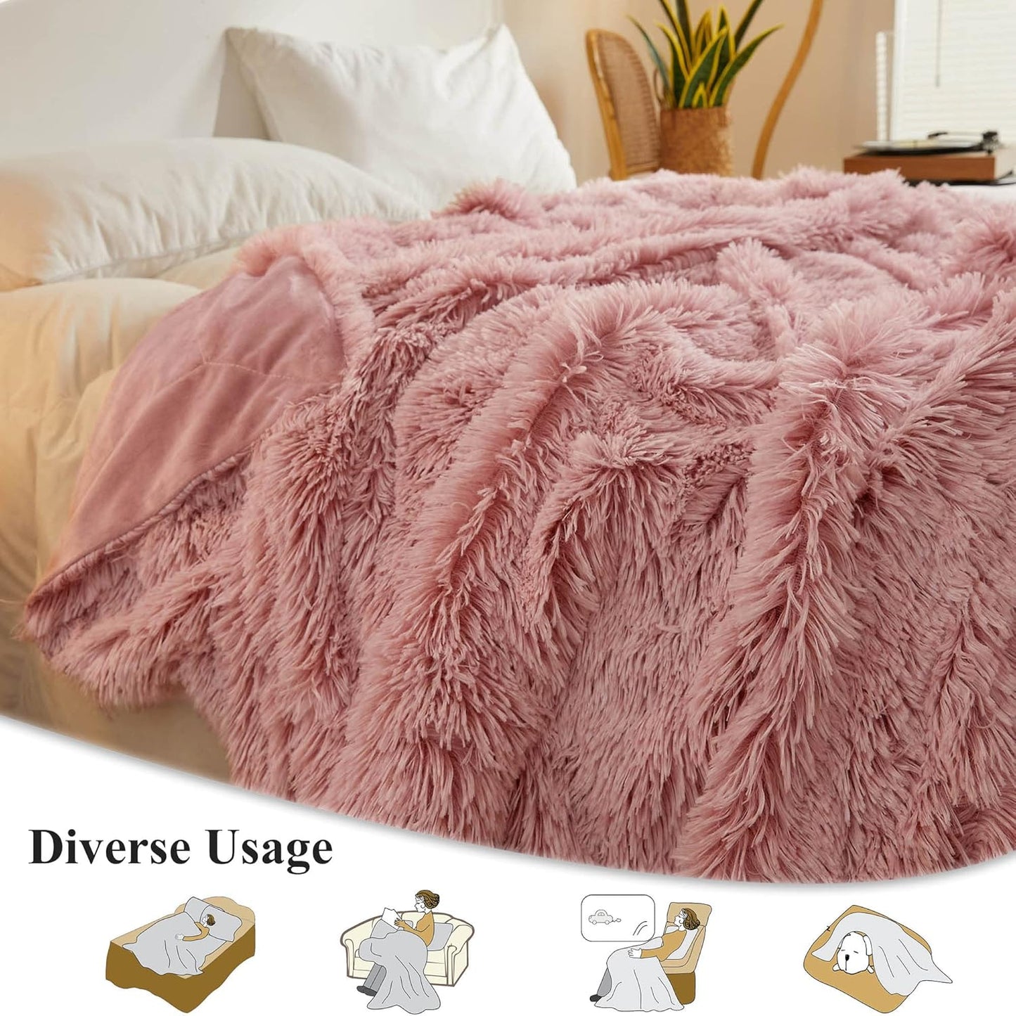 XeGe Plush Faux Fur Throw, Comfy 50x60 Fuzzy Blanket, Luxury Boho Lightweight Couch Blanket, Soft Fluffy Shaggy Lap Throw for Couch Bed Sofa Christmas Housewarming Gift Ombre Pink